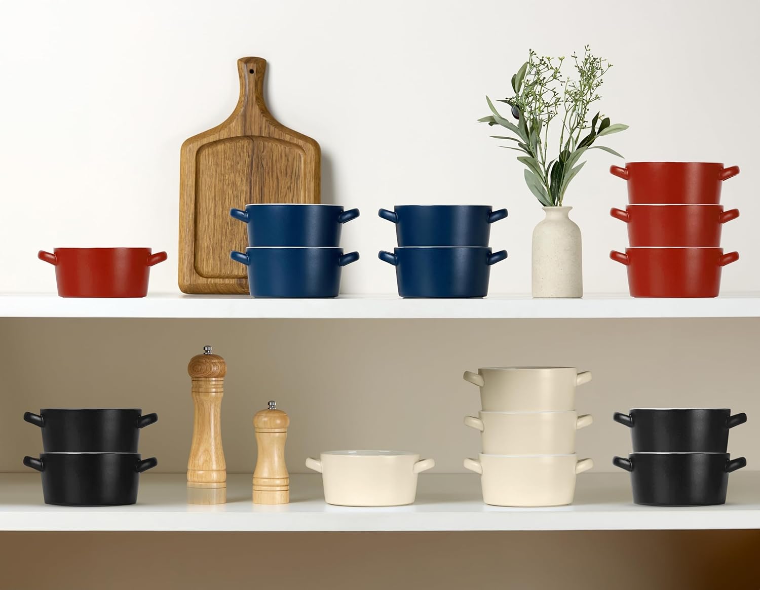 Kook Soup Crocks, Ceramic Stackable Bowls, Broil, Oven, Microwave and Dishwasher Safe, with Handles, For Casserole, Pasta, Cereal, Capacity 18 oz, Set of 4 (Ivory)