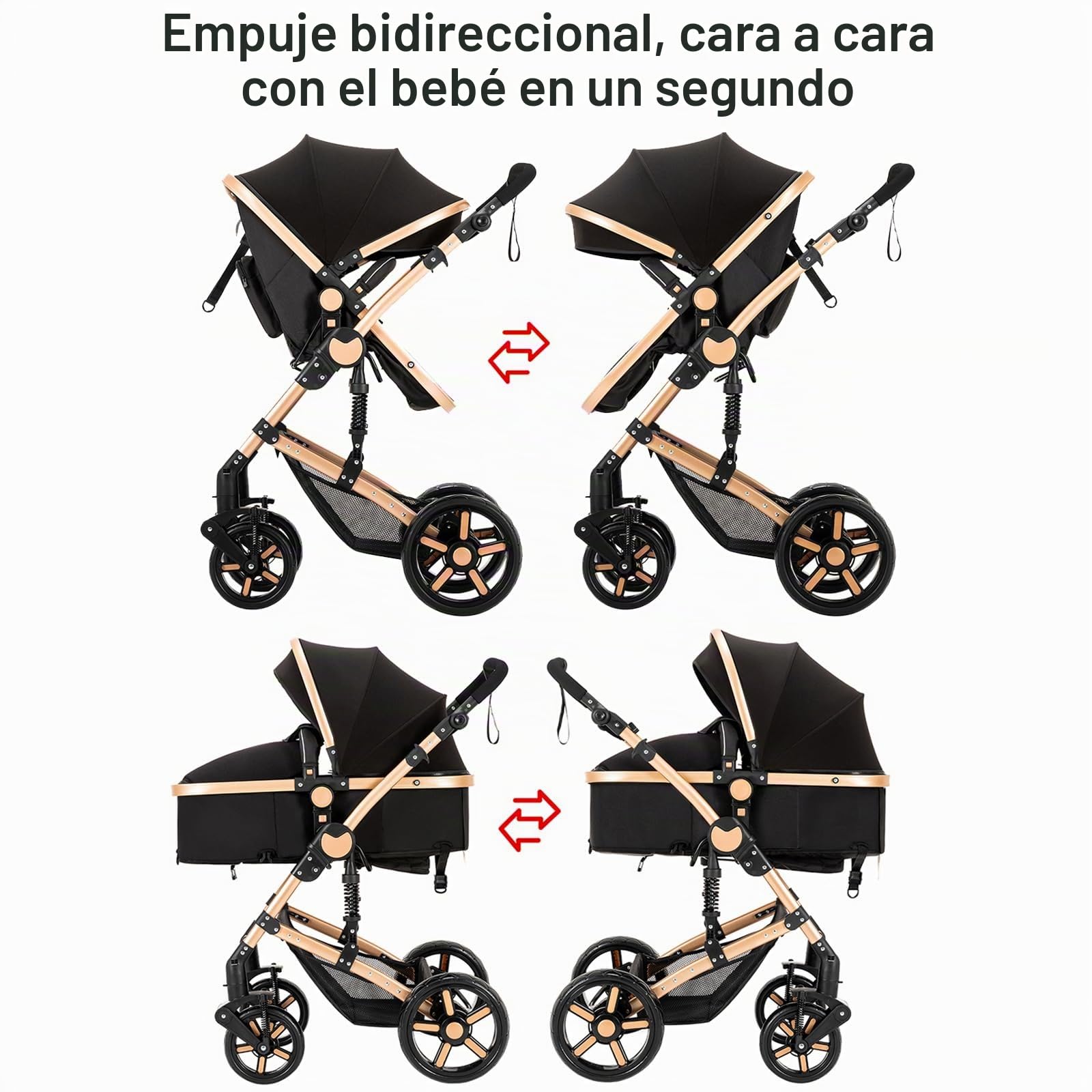 Carrito Bebe 3 en 1, Carrito Bebe con Diseño Portátil Plegable de Un Clic, Carro de Bebe 3 Piezas con Empuje Reversible de Dos Vías, Cochecito Bebe 3 Piezas con Accesorios (588 Black Gold)