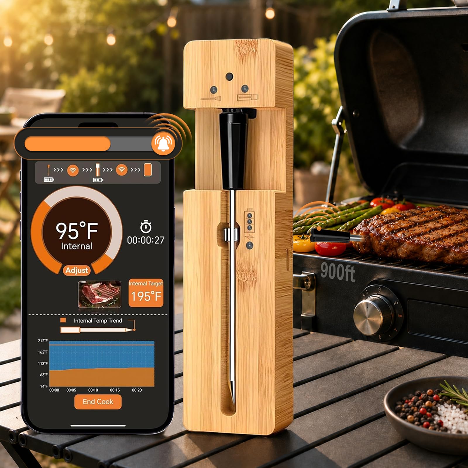 Termometro digitale wireless per carne: monitoraggio intelligente della temperatura per grill, affumicatore, forno, cottura con accurato controllo della cottura degli alimenti, 18 ore
