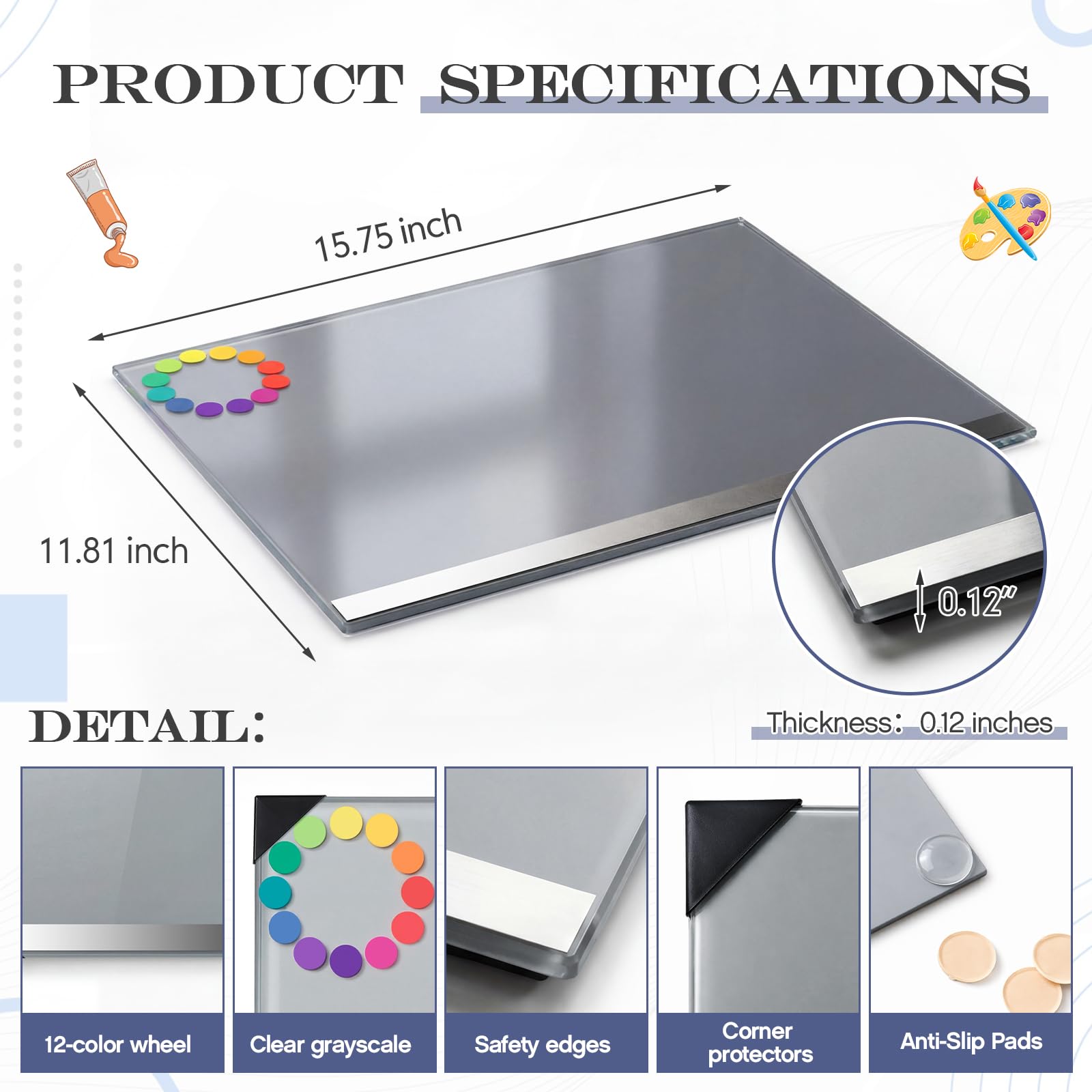 Palette de peinture en verre trempé de 30,5 x 40,6 cm avec échelle de gris neutre, coussinets antidérapants et protections d'angle, surface de mélange précise des couleurs pour acrylique, huile