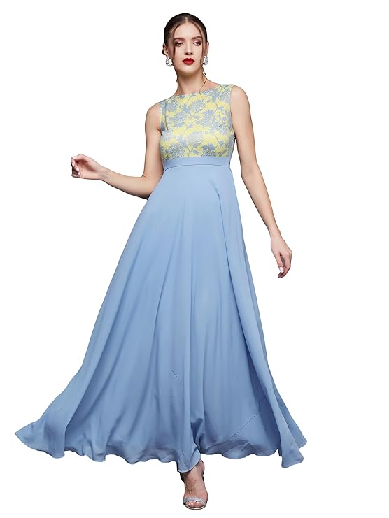 Miss Chase Women’s Brick Red & Dusty Green Boat Neck Sleeveless Self Design Lace Overlaid Regular Dress – Sky Blue