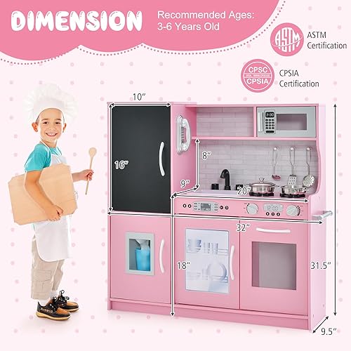 Miniatura 8 de KOTEK Juego de cocina para niños, juego de cocina de juguete de chef de madera con horno, pizarra, teléfono, máquina de hielo, microondas,