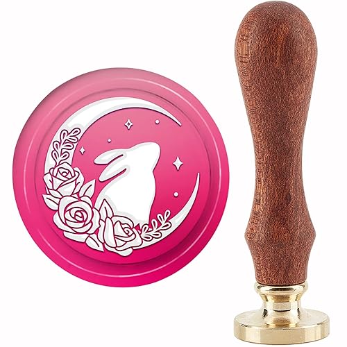 CRASPIRE Sello de cera de conejo, sello de conejo, luna, rosa, sello de cobre, 1.181 in, cabeza de sello de latón extraíble retro con mango de