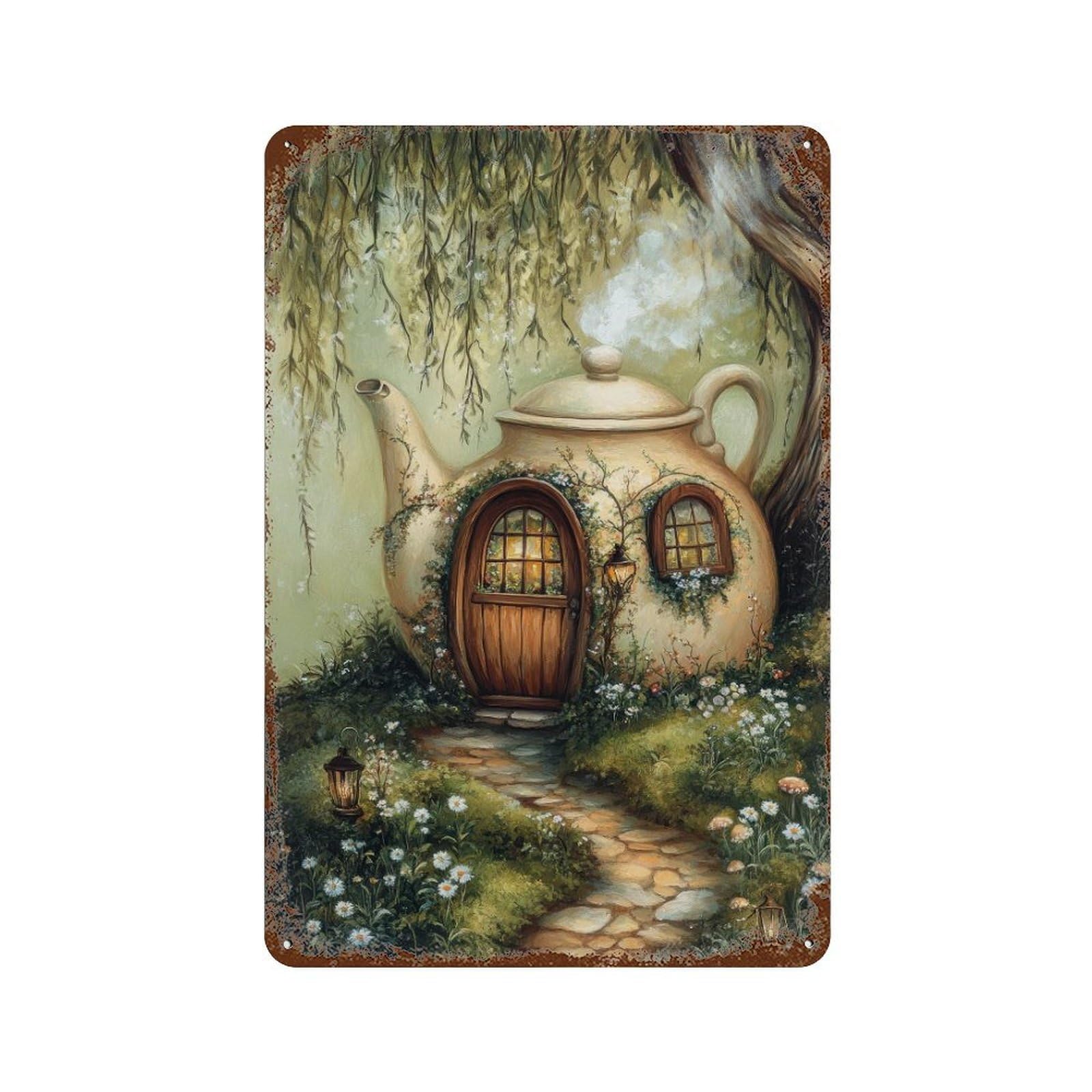 xiaoxiaoshen Teacup Fairycore House Cottagecore Decor Whimsical Garden Vintage Nature Wall Decor Art Metal Tin Poster Modern Home Decor Art Home Bar Shop Decorations Vintage Sign 30x20cm
