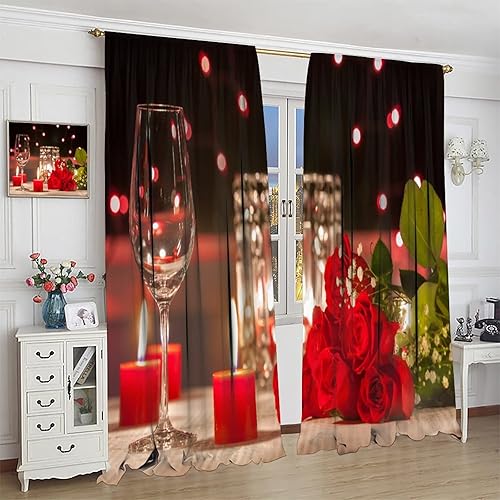 Miniatura 4 de Cortinas con estampado de cena con velas para el día de San Valentín, decoración romántica de tela romántica con bolsillo para barra, juego de 2