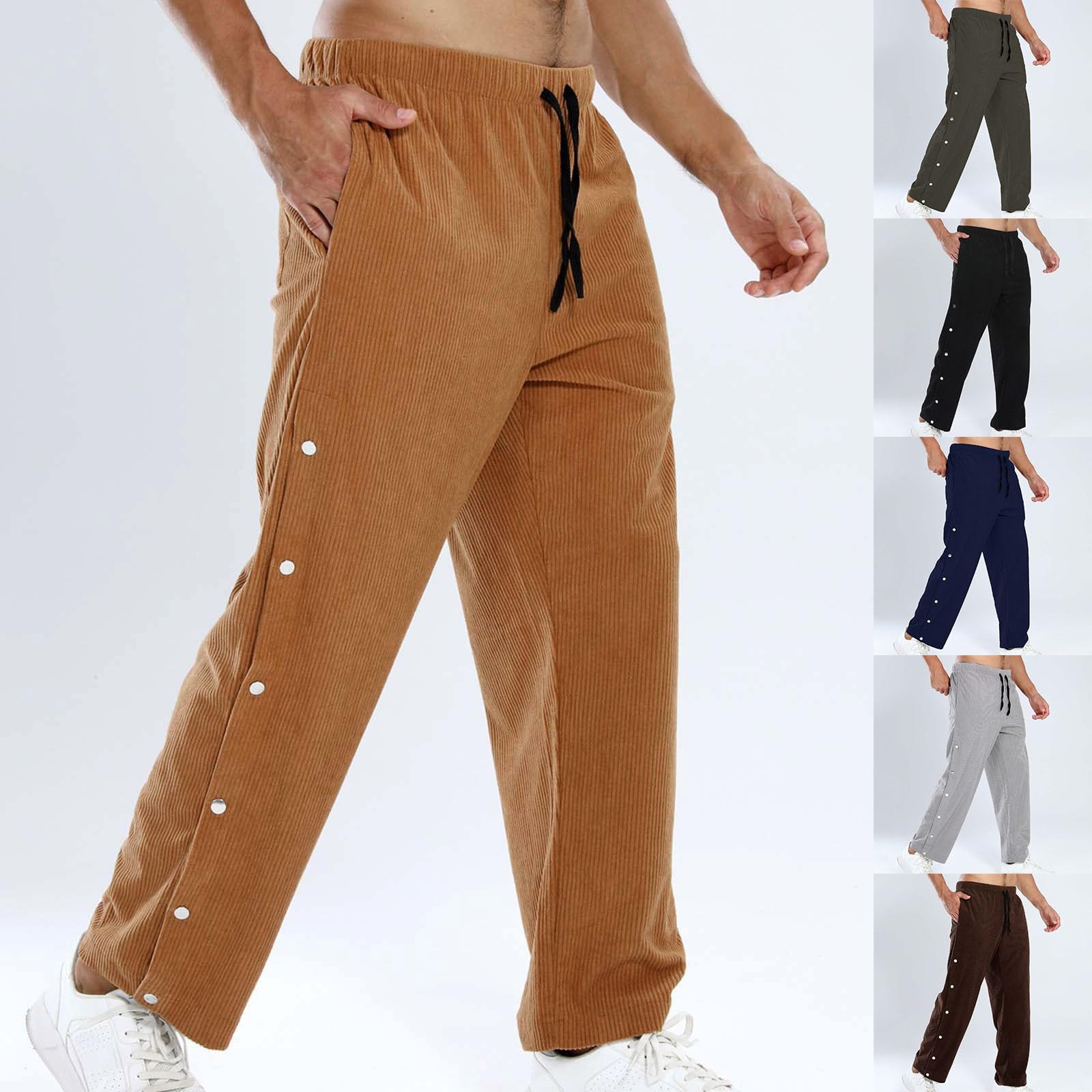 Pantaloni da jogging da uomo in velluto a coste, con bottoni laterali, casual, elasticizzati, con elastico in vita, con coulisse, per il tempo libero