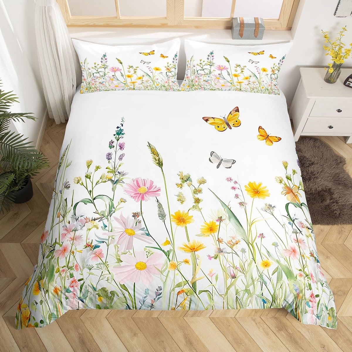Homemissing Yellow Flowers Pattern Duvet Cover Set Double Size for Girls Adults Women Kids Butterflies Print Bedding Set Garden Flower Comforter Cover with 2 Pillowcases Nature Theme Zipper - Image 4