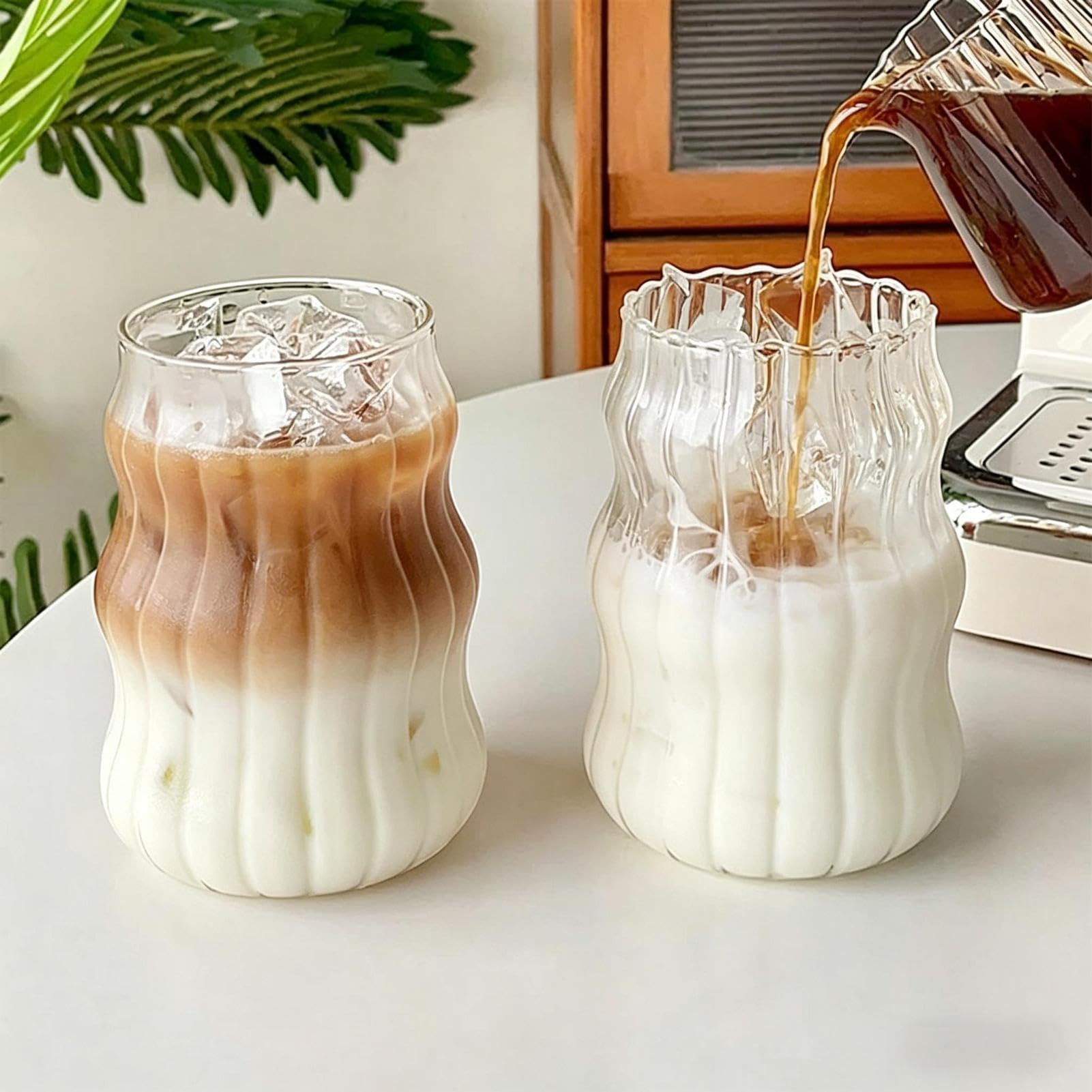 2PCS Ribbed Coffee Glasses, 530ML Iced Coffee Cup, Cloud Shaped Iced Coffees Glass Drinking Cups, Aesthetic Ribbed Matchas Glasses Cup Home Bar Accessories for Cold & Hot Drinks