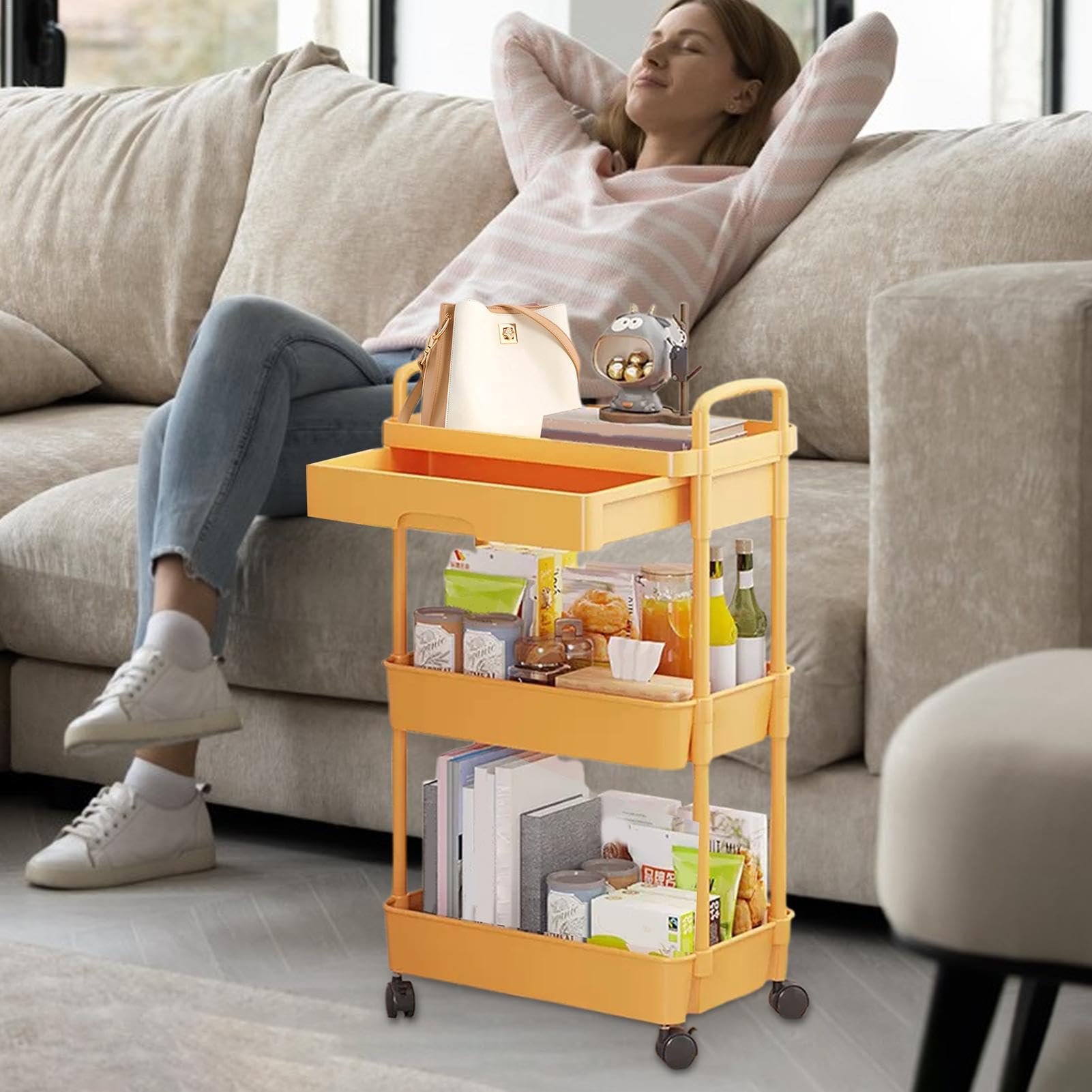 3-poziomowy wózek narzędziowy | Drawer Storage Trolley Rolling Cart Cart for Kitchen and Living Room | Wszechstronny organizer na przekąski z półkami na kółkach dla łatwego dostępu i