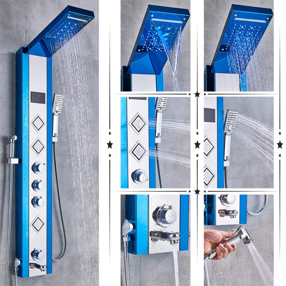 ASerZenith Luxury Shower Faucet LED Shower Panel Column Bathtub Mixer Tap with Hand Shower Temperature Screen(Blue With Chrome)