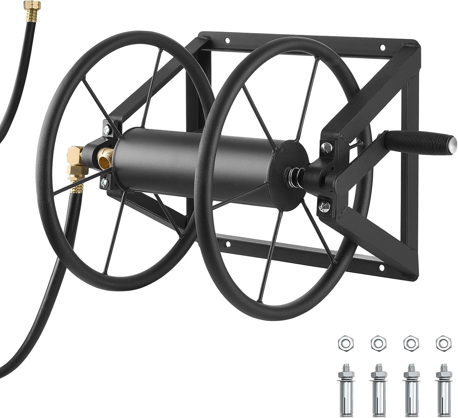 VEVOR Wall Mounted Garden Hose Reel, Holds 200 ft 5/8-inch Manual Water Hose Winder, Heavy-Duty Steel, Outdoor Reel with Brass Fitting & 5ft Leader Hose, Space Saving, for Yard Lawn Garage 200ft?5/8inch Black