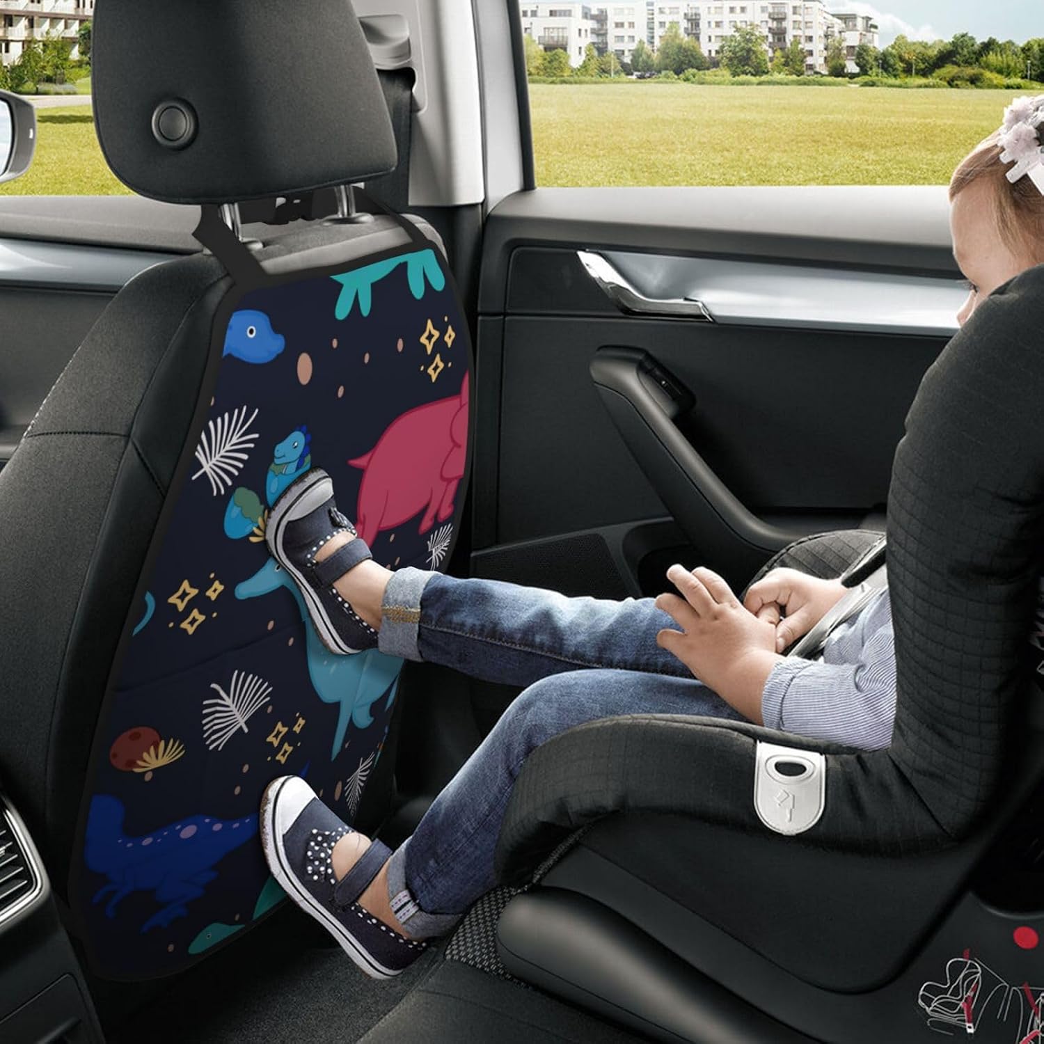 Back Seat Cover for Kids 2 Pack, Kick Mats Back Seat Protector with 3 Pocket Storage Organizer, Durable Easy to Clean for Vehicles to Protect from Dirt, Mud & Scratches (4. Dinosaur Black)