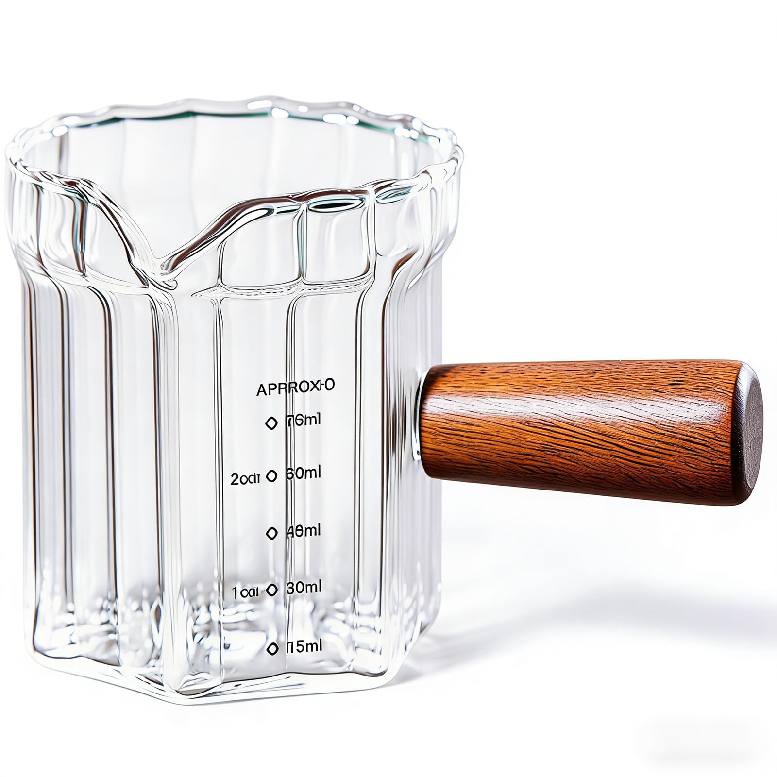 Espresso Cups with Wood Handle, 3.5OZ Double Spouts Glass Measuring Cup with Dual Scale, Clear Espresso Shot Glass with V-Shaped Mouth