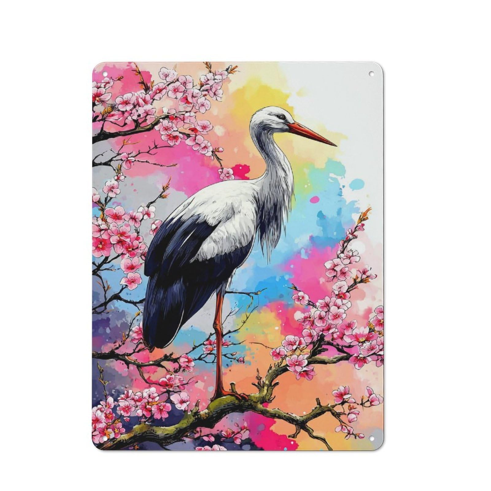 Junmoney Stork Amidst Cherry Blossoms -1 Retro Metal Sign 40X30cm Featuring Home Bar Decor For Pub, Home Bar, Shed Or Man Cave
