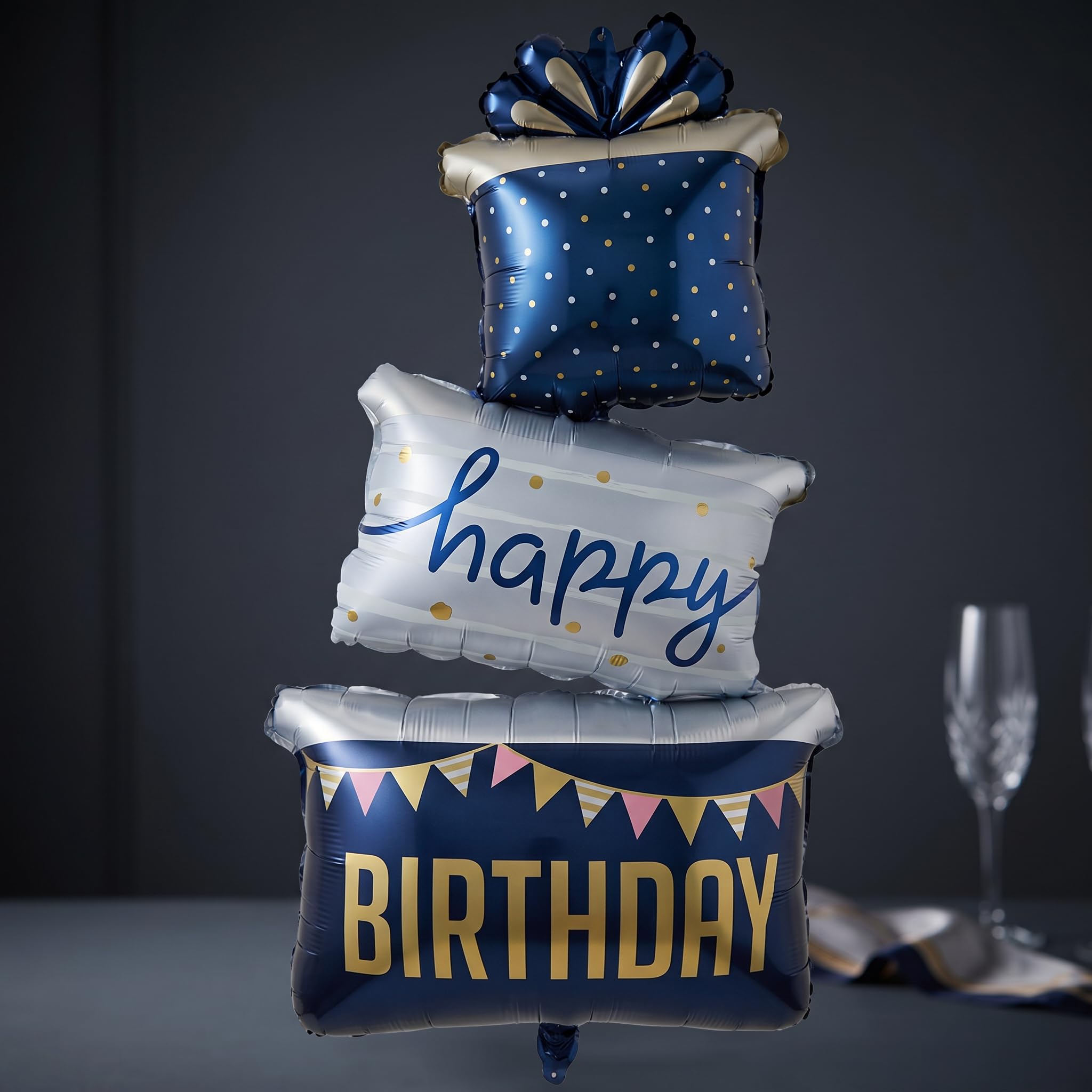 3-Tier Gift Box Birthday Balloons - Reusable Foil Balloons for Adult Parties, Helium Compatible Self-Sealing Balloon Decor for Birthday Celebration