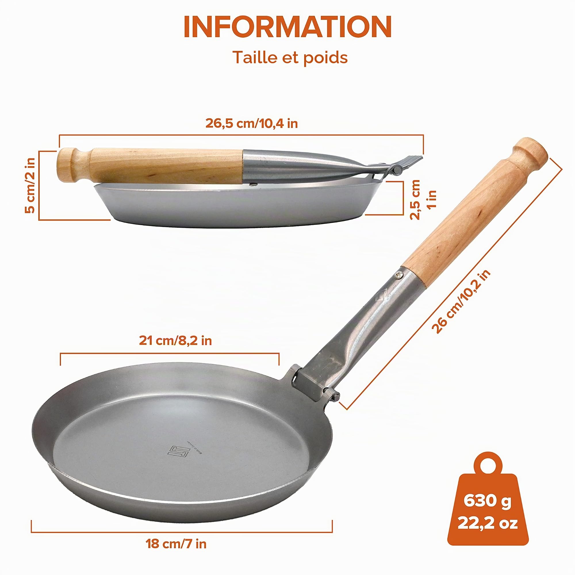 Stabilotherm JÄGARSTEKPANNA Poêle à frire originale en acier au carbone avec poignée pliable en bouleau pour cuisine extérieure, intérieur, camping, voyage