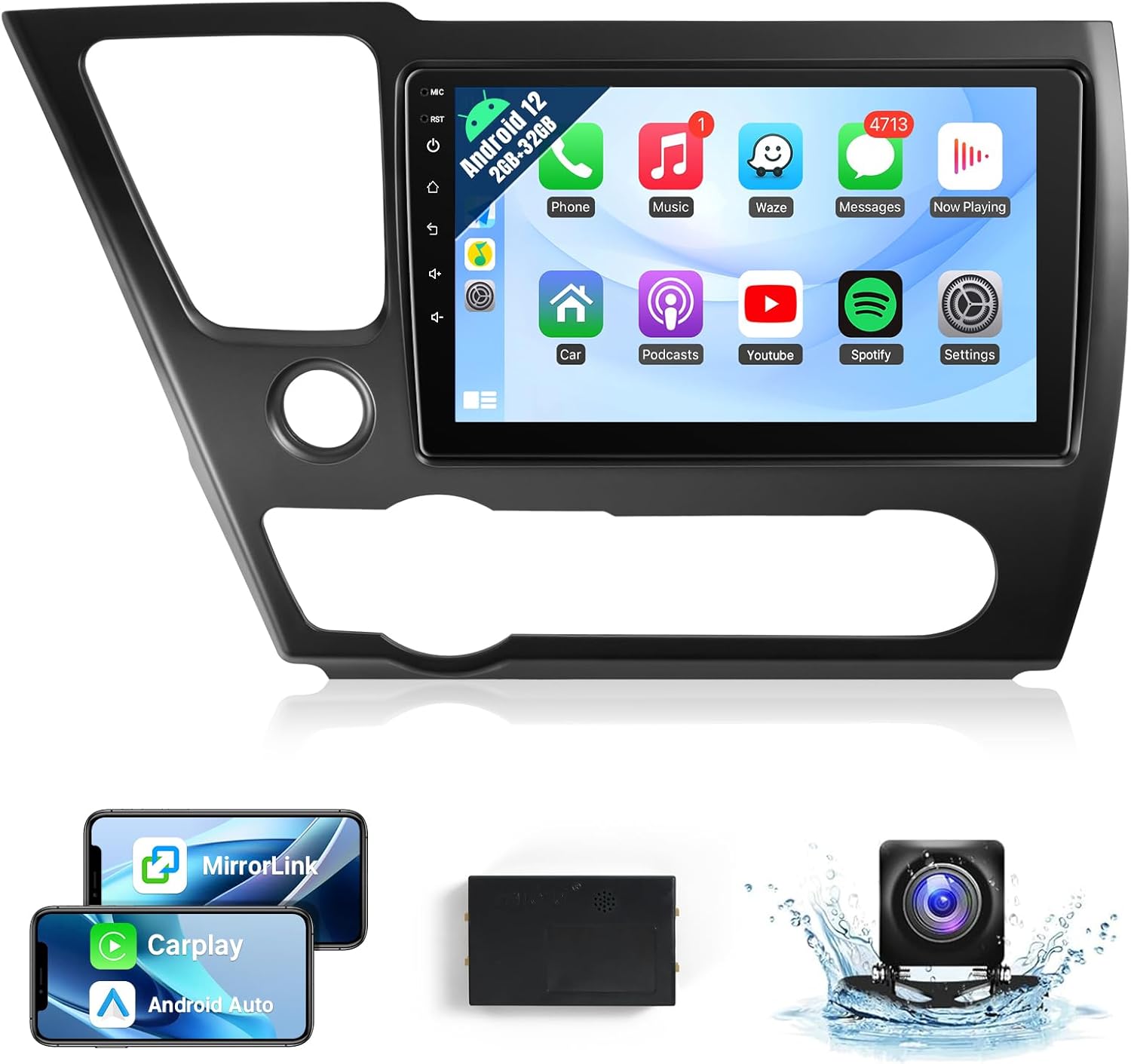 Naifay Car Stereo for Honda Civic 2013 2014 2015 2016 2017 Wireless Carplay Android Auto, 2G+32G 9inch IPS Touch Screen for Civic Car Radio Bluetooth FM Audio Receivers GPS WiFi Backup Camera SWC For civic 2013-2017&2+32G