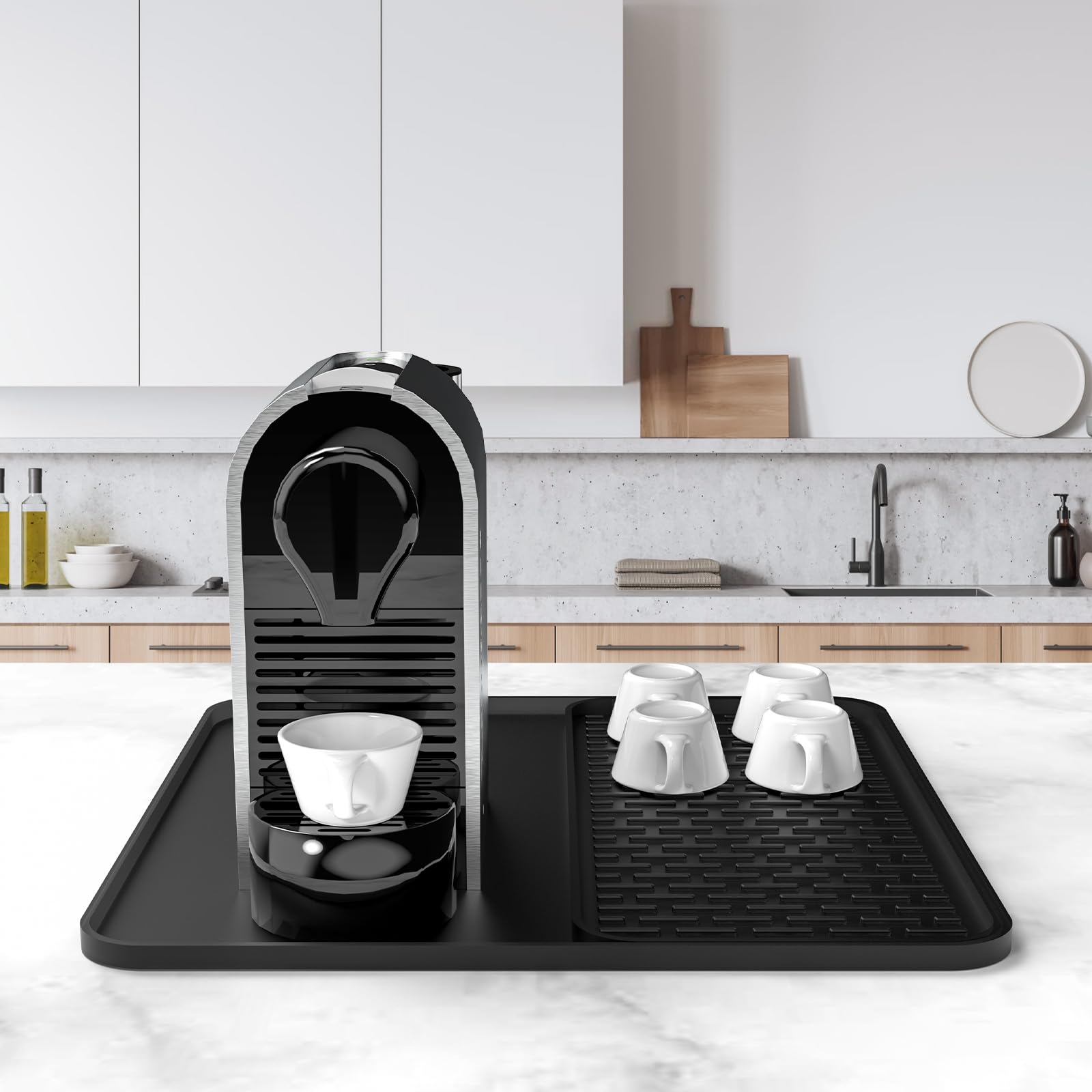 Tapete de café de silicona, tapete de barra de café de 16 x 16 pulgadas con tapete de secado de platos desmontable para encimeras de cocina, accesorios de barra de café que se ajustan debajo de la