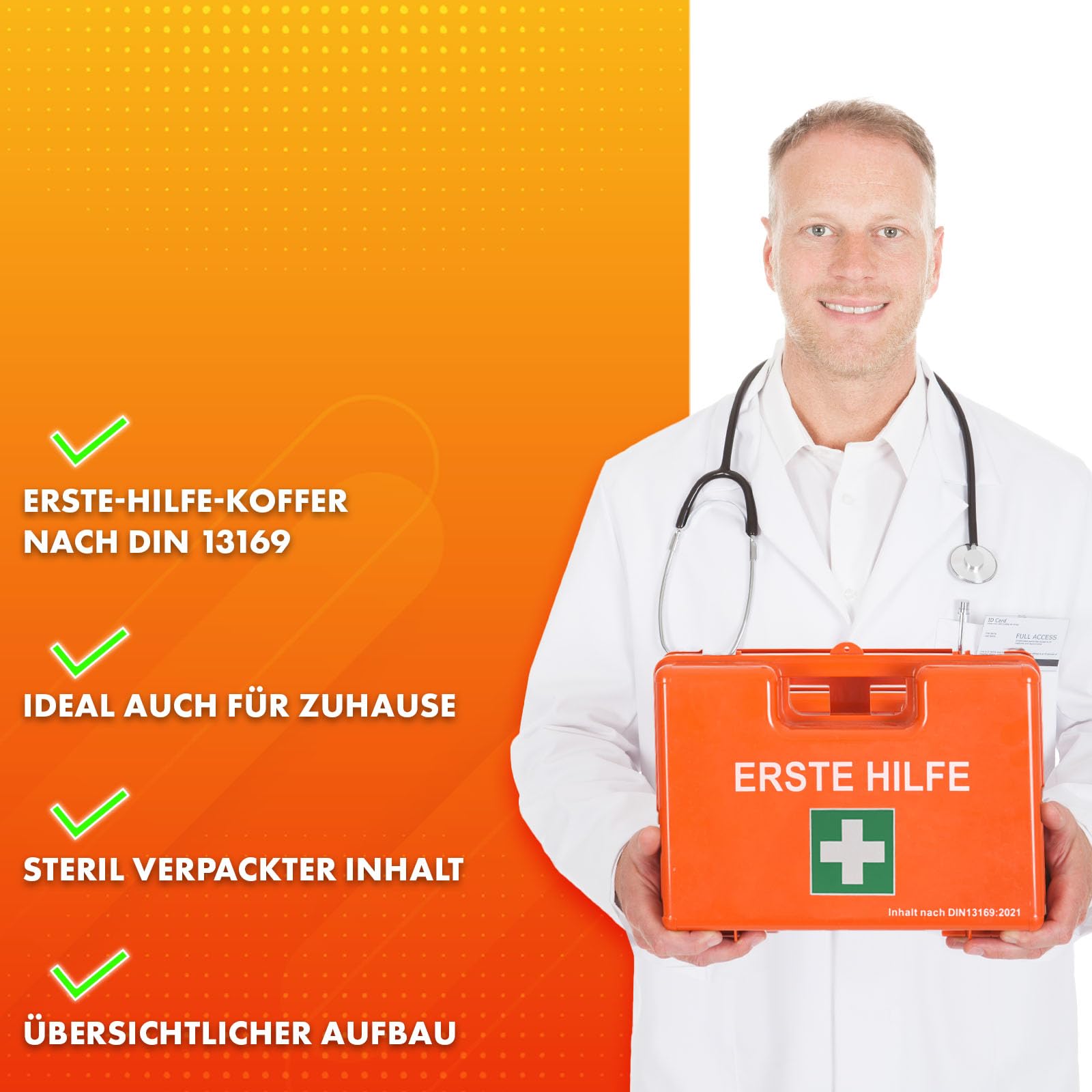 KARAT Trousse de Premiers Secours Moyenne DIN 13169 pour Entreprise & Domicile - Kit de Secours Complet avec Support Mural pour Bureaux Restauration, Capacité jusqu'à 100 Personnes (32 x 22 x 13 cm)