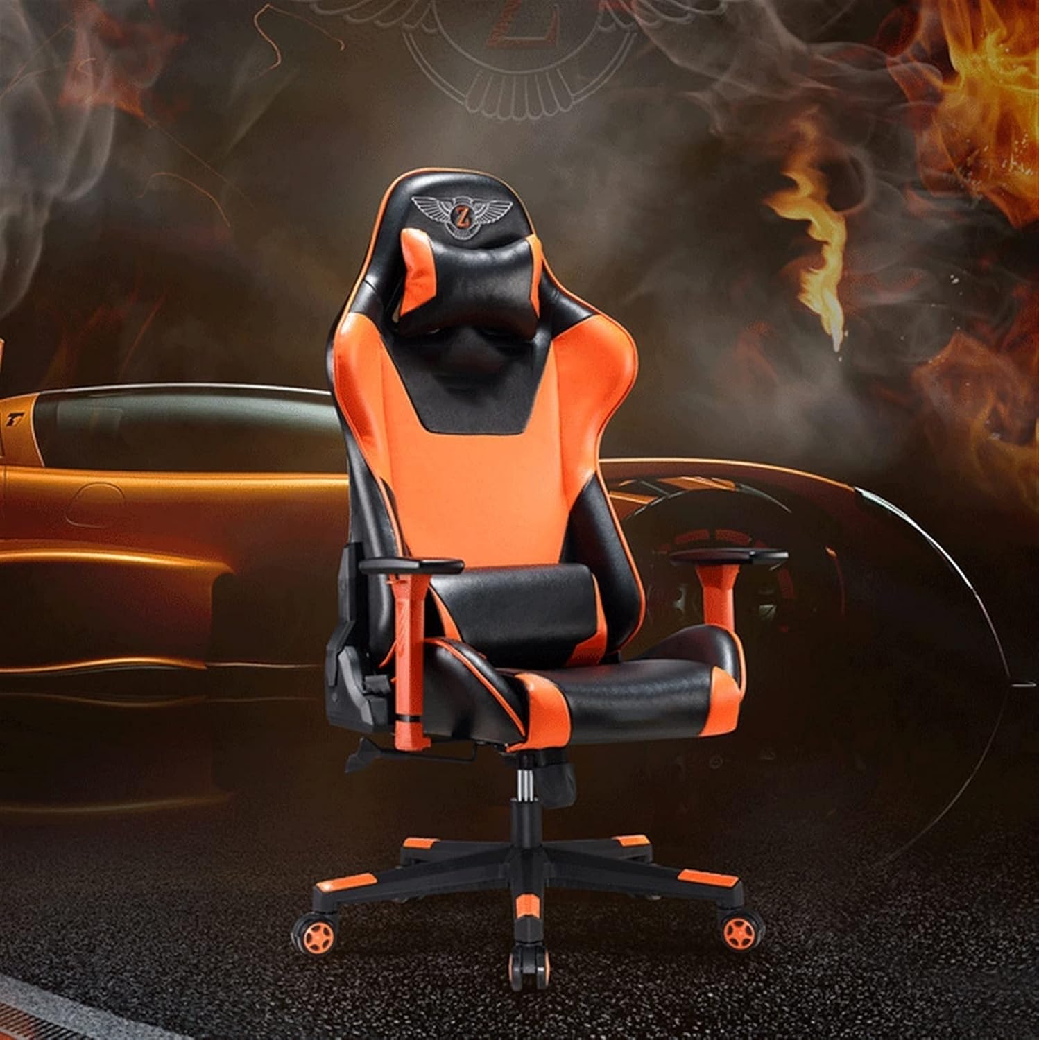 Gaming Chair, High Back Computer Chair, Racing Office Chair, Height Adjustable Swivel Chair with Lumbar Support and Headrest (Color : Red) (Orange)