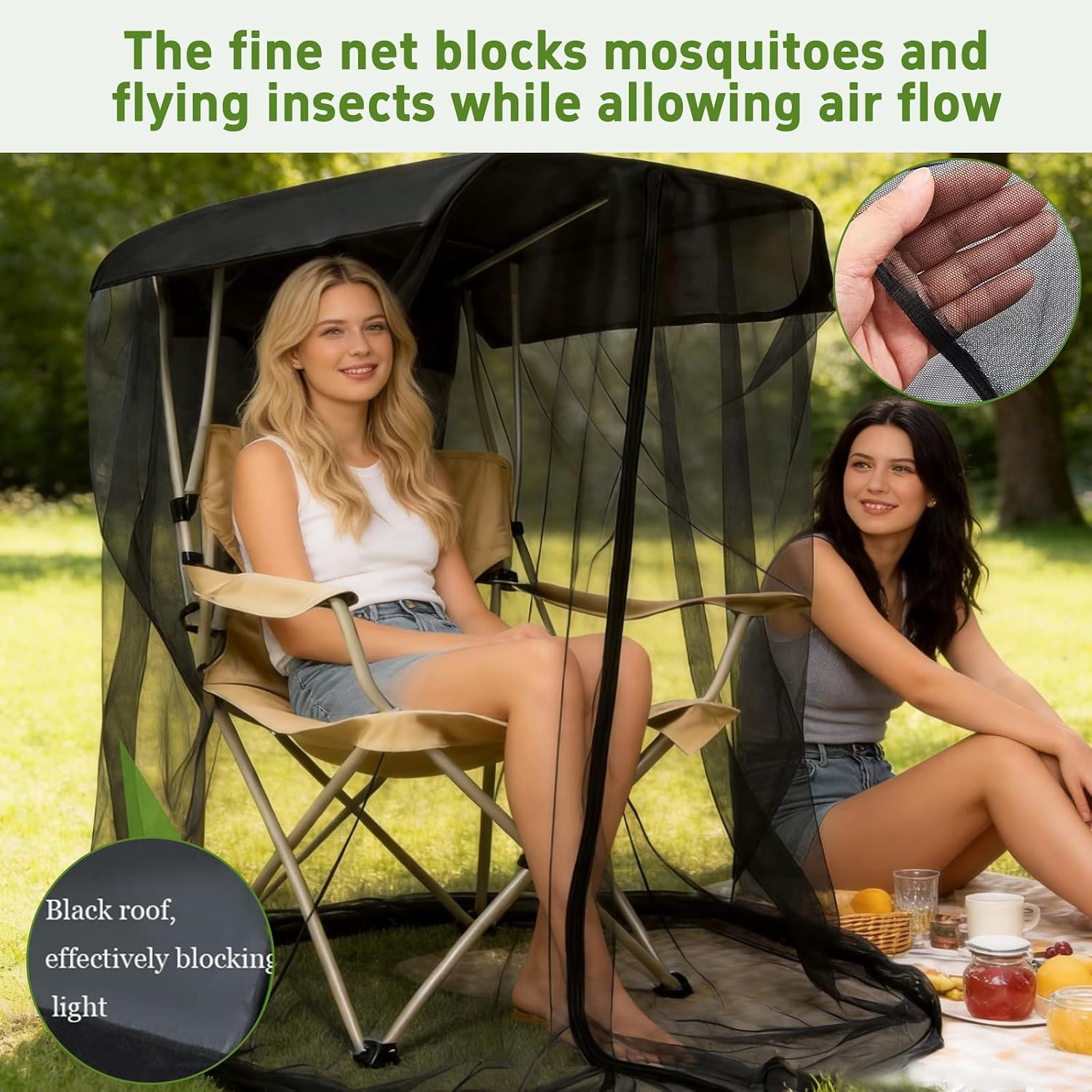 63" H Outdoor Canopy Chair Mosquito Net, Waterproof Top & Clear View, Dual-Way Zippers Full-Enclosure Foldable Bug Mesh for Camping, Fishing, Hunting, Personal Mosquito Net Tent, Chair Not Included
