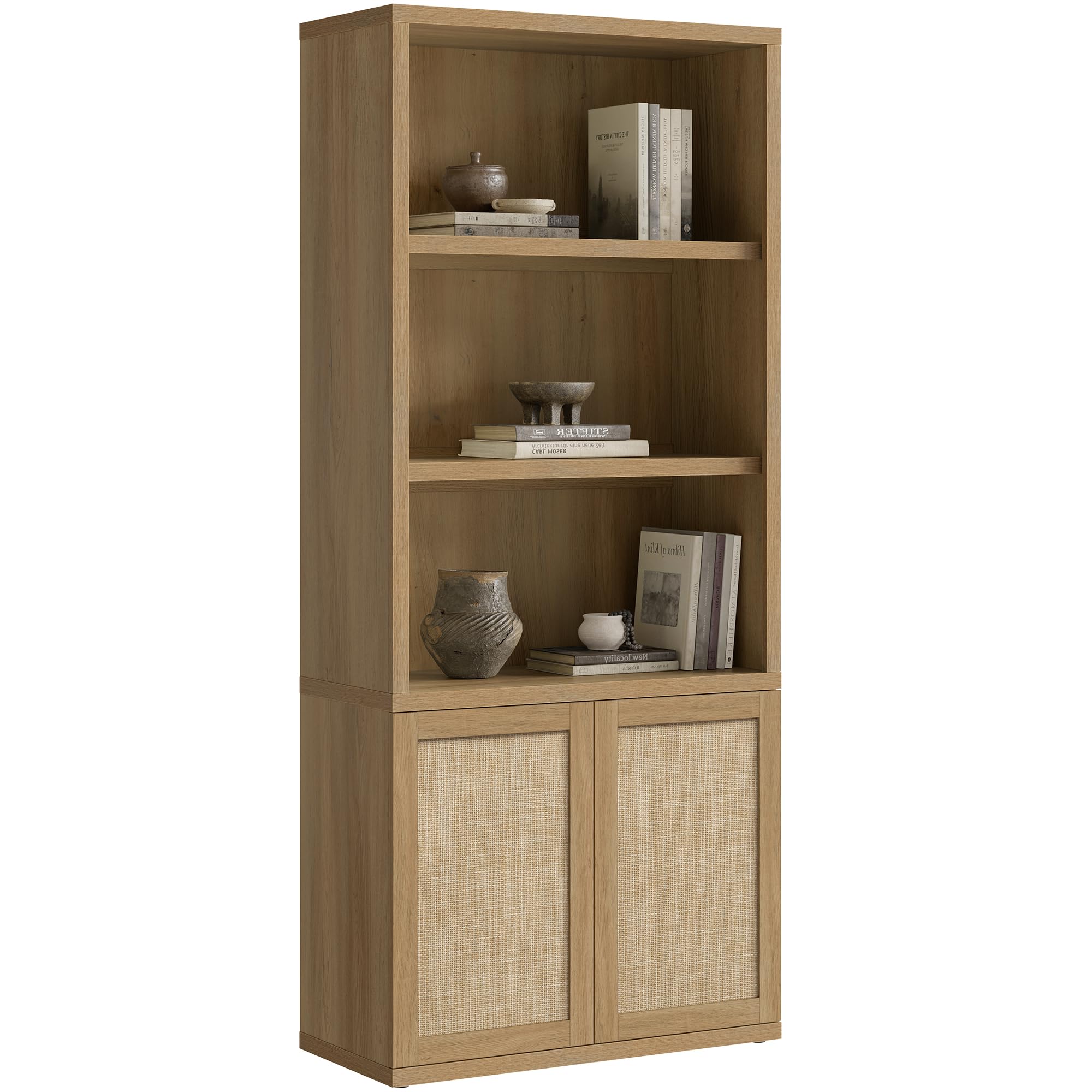 SICOTAS 70.5" Tall Bookshelf - Rattan 5-Tier Bookcase with Doors, Boho Farmhouse Book Shelf Case with Storage Cabinet, Large Bookshelves for Living