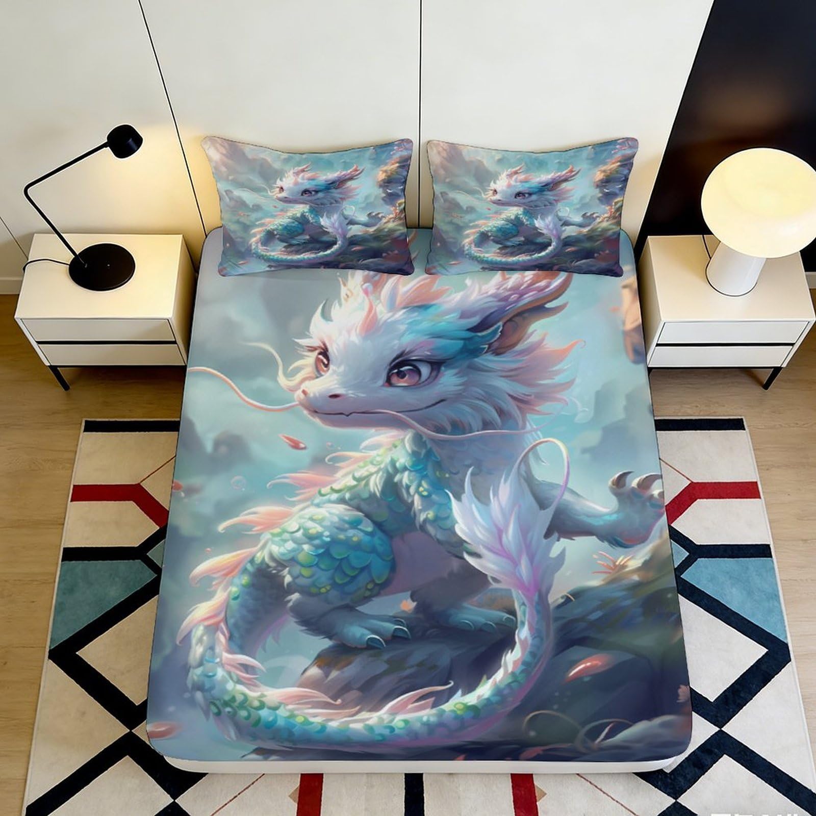 3D Printed Cute Dragon Fitted Sheet Microfiber Soft Durable Fantasy Creature Bed Cover for Bedroom Dormitory Guest Room Mattress Protection 200x200x25cm