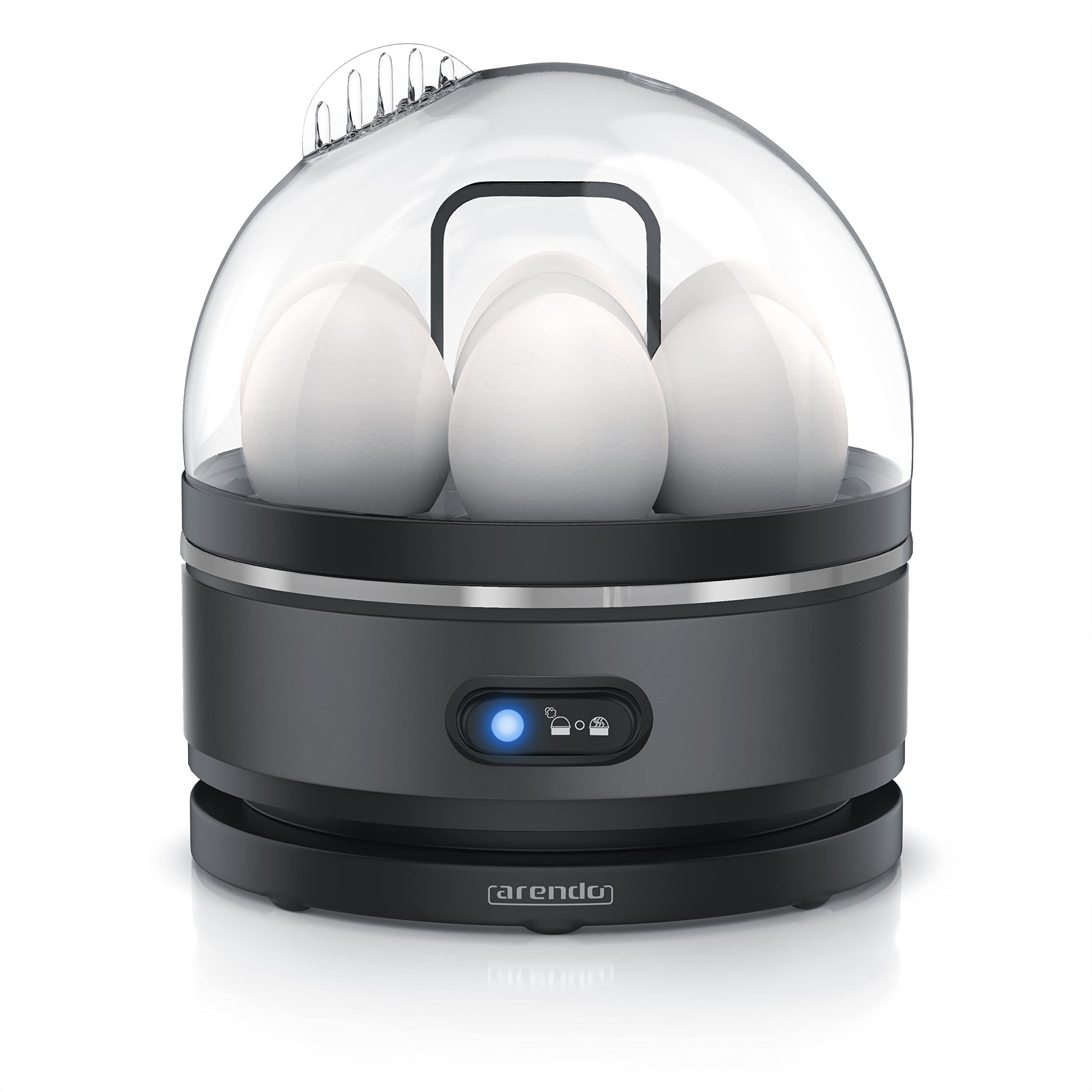 arendo – Cuiseur à œufs avec Fonction Maintien au Chaud INOX, 1 à 7 œufs, Dur, Mollet ou à la Coque, Indicateur Lumineux, Verre doseur avec Perce-œufs, Base Anti-dérapante, Egg Cooker 400 W, sans BPA
