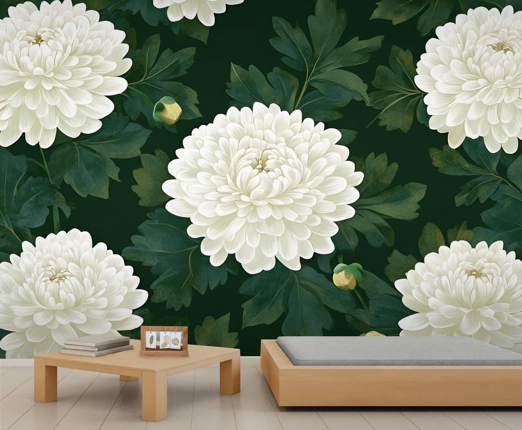 Papier peint chrysanthème floral 3D pour agrandir une pièce sombre avec un grand fond mural