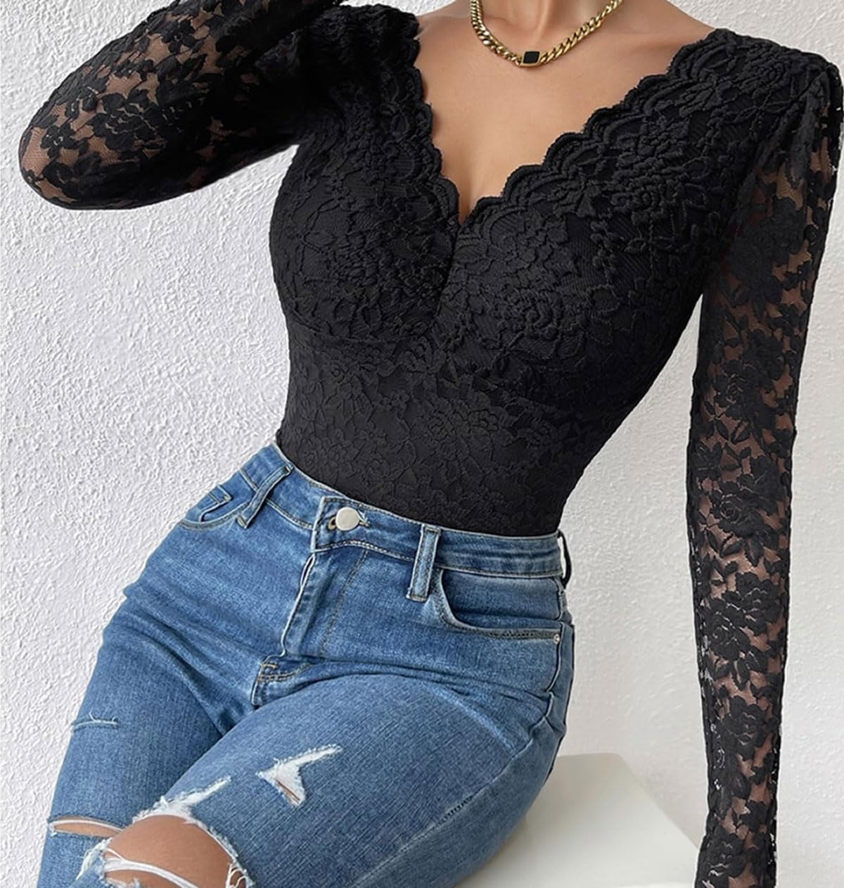 SHEKINI Body de encaje para mujer, lencería sexy, cuello en V, manga larga, body de encaje, leotardo floral transparente, ajuste entallado