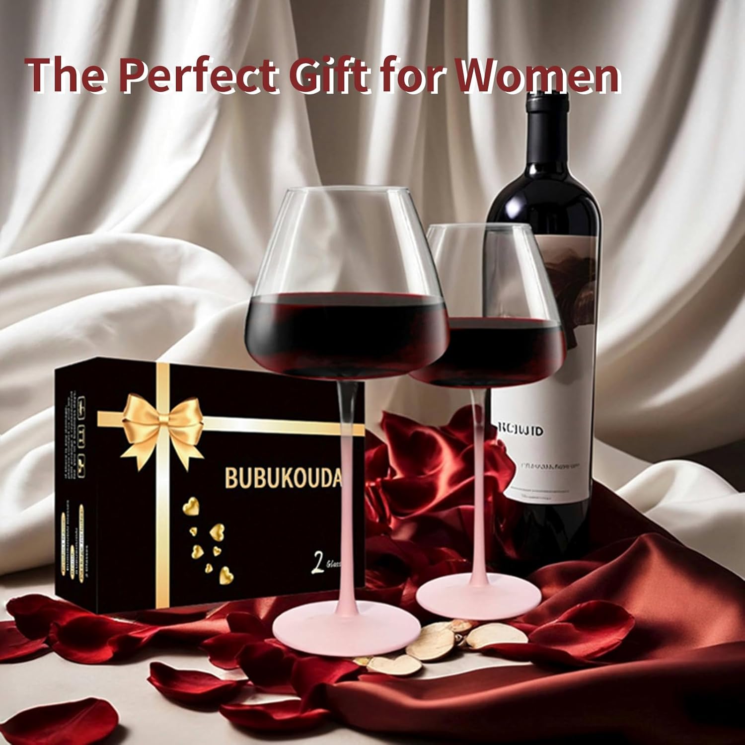 Crystal Wine Glasses Set of 2 with Gift Box. Dishwasher Safe. 24oz Large Pink Wine Glasses with Long Stem for Women.Hand-Blown,Thin Rim. Gift for Wife,Girlfriend,Mom.Unique & Modern Design