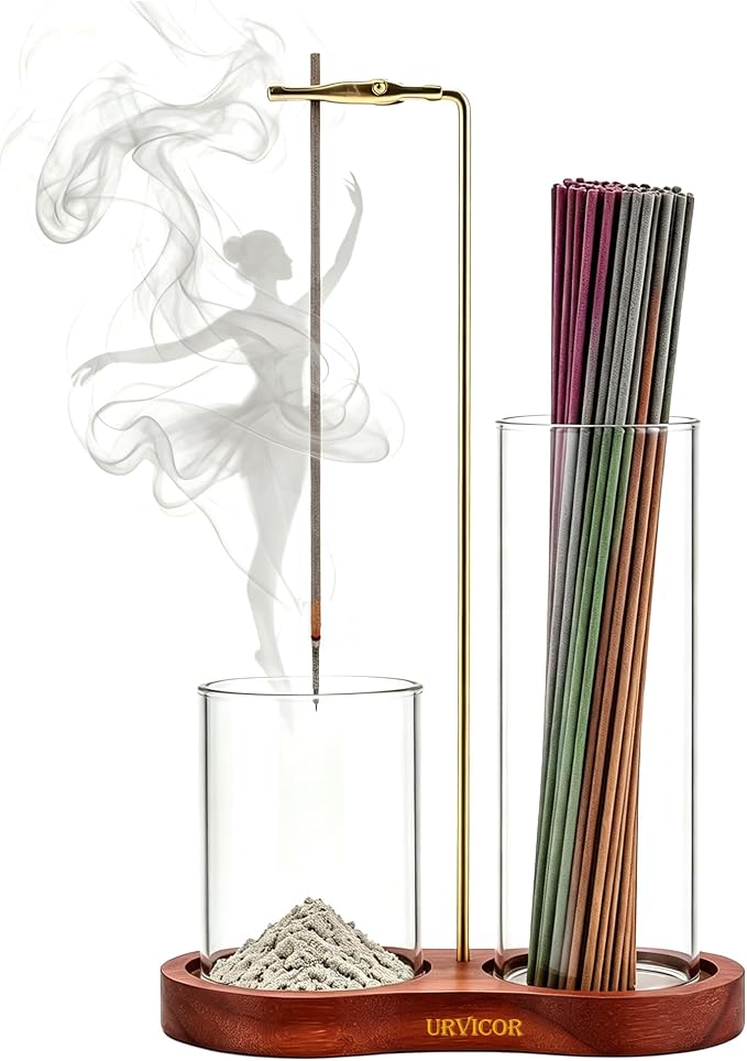 2-in-1 Upside Down Incense Holder with Storage, Anti-Ash Flying Glass Incense Burner Stand, Wooden Base Brass Hanging Incense Ash Catcher for Sticks, Aesthetic Room Decor Gift