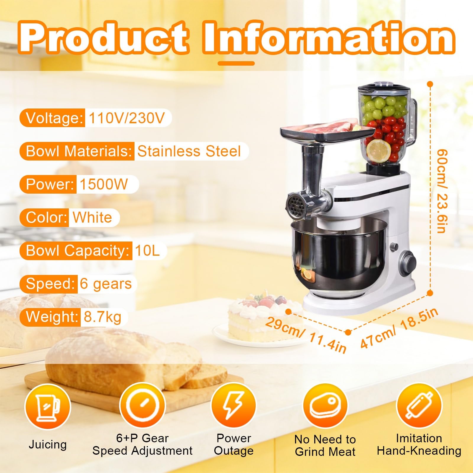 Robot Kuchenny 3w1 Robot Kuchenny Rodzinny 1500W Mikser Stojący 10L Misa Stal Nierdzewna Blender Metalowa Maszynka Do Wyrabiania Ciasta Pieczenia