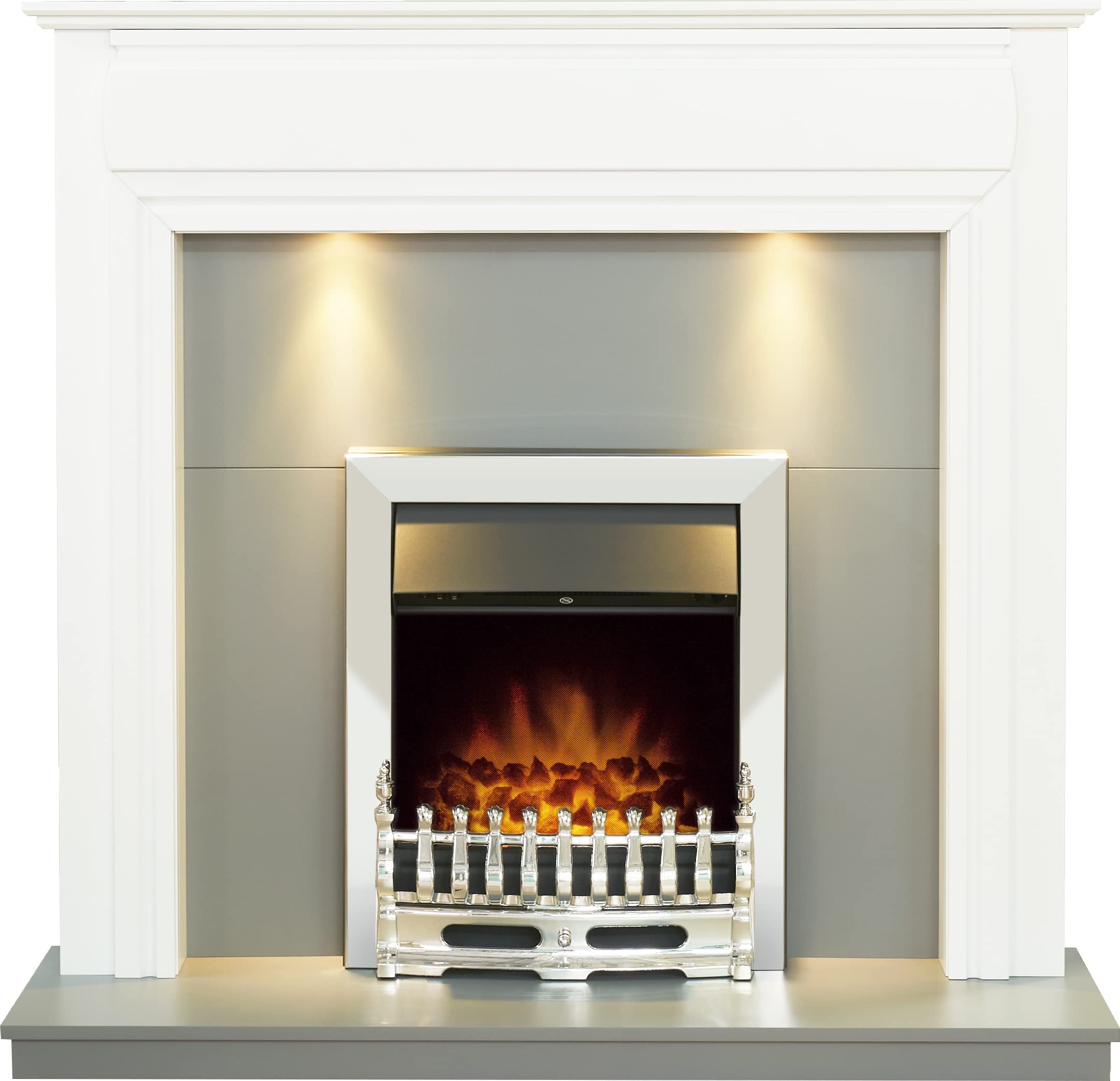Adam Grey,White Honley Fireplace In Pure White & Grey With Downlights & Blenheim Electric Fire In Chrome, 48 Inch