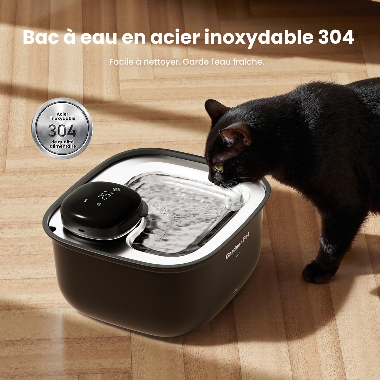 Gardner Pet Fontaine à Eau pour Chat et Chien sans Fil en Acier Inoxydable 3.78L, Distributeur d'eau Automatique à Pile avec Capteur de Mouvement, Affichage de Température et Filtration - Noir