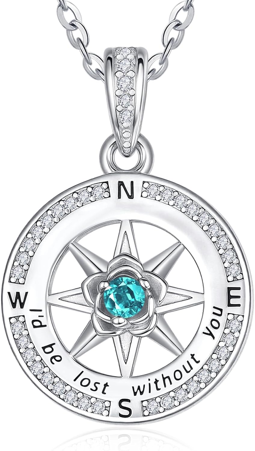 Compass Necklace for Her, White Gold I'd Be Lost Without You Compass Jewelry Travel Gift, Girlfriend Wife Daughter Mom Birthday Gifts with Birthstone Pendant