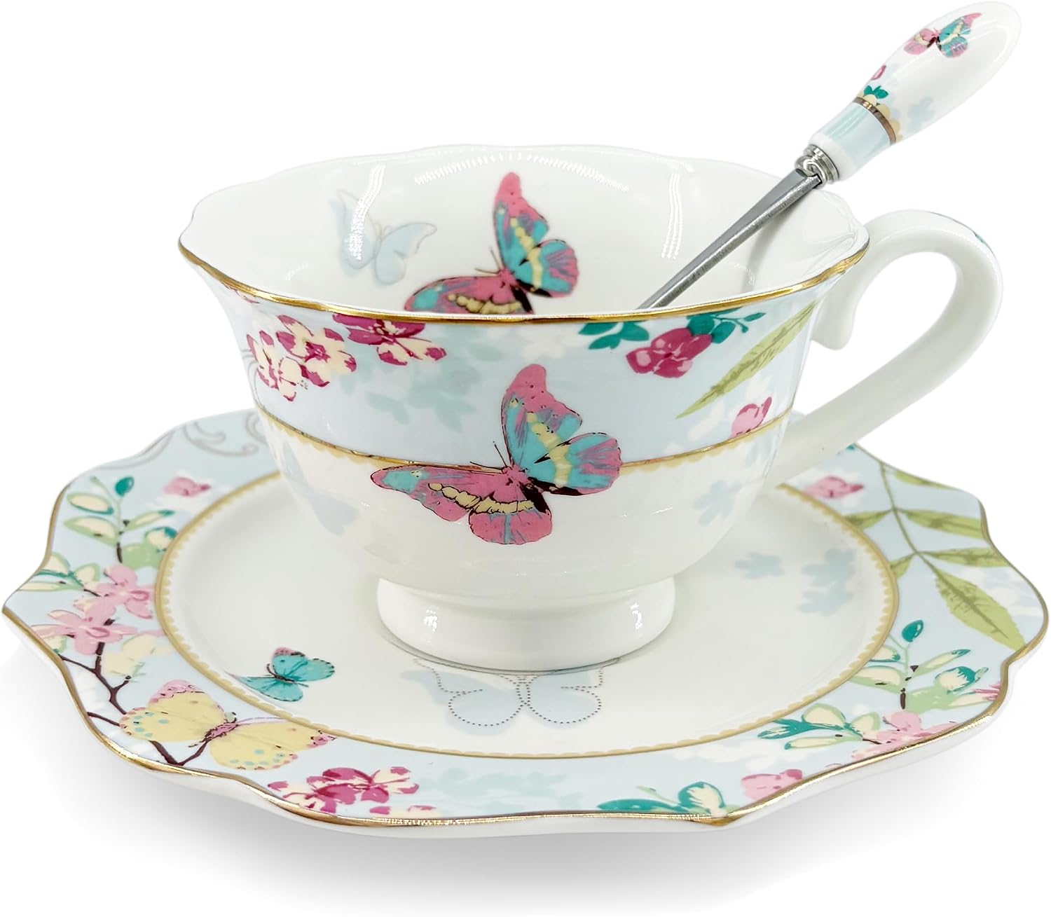 Vintage Ceramic Teacup, Elegant Coffee Cup, Royal Bone Tea Cups with Spoon and Saucer Set (Blue)