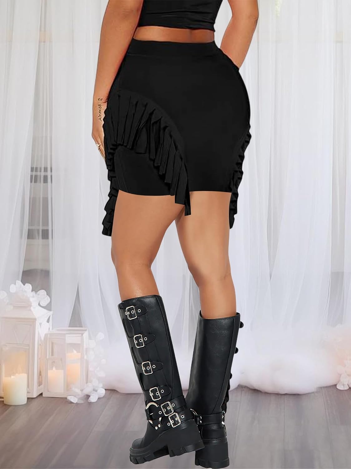 Women’s Fringe Side Tassels Slim Bodycon High Waist Pencil Mini Skirt