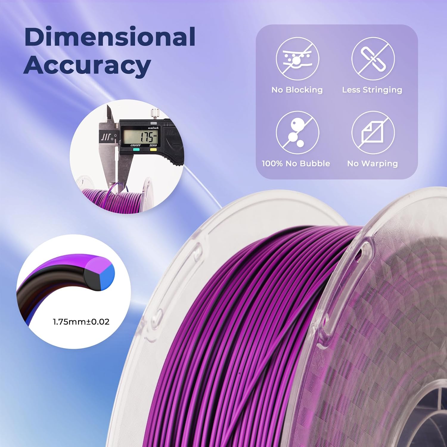 AMOLEN 3D Printing Filament 1.75mm PLA Filament Silk Tri Color Black Blue Purple & Matte Rainbow Bundle Filament
