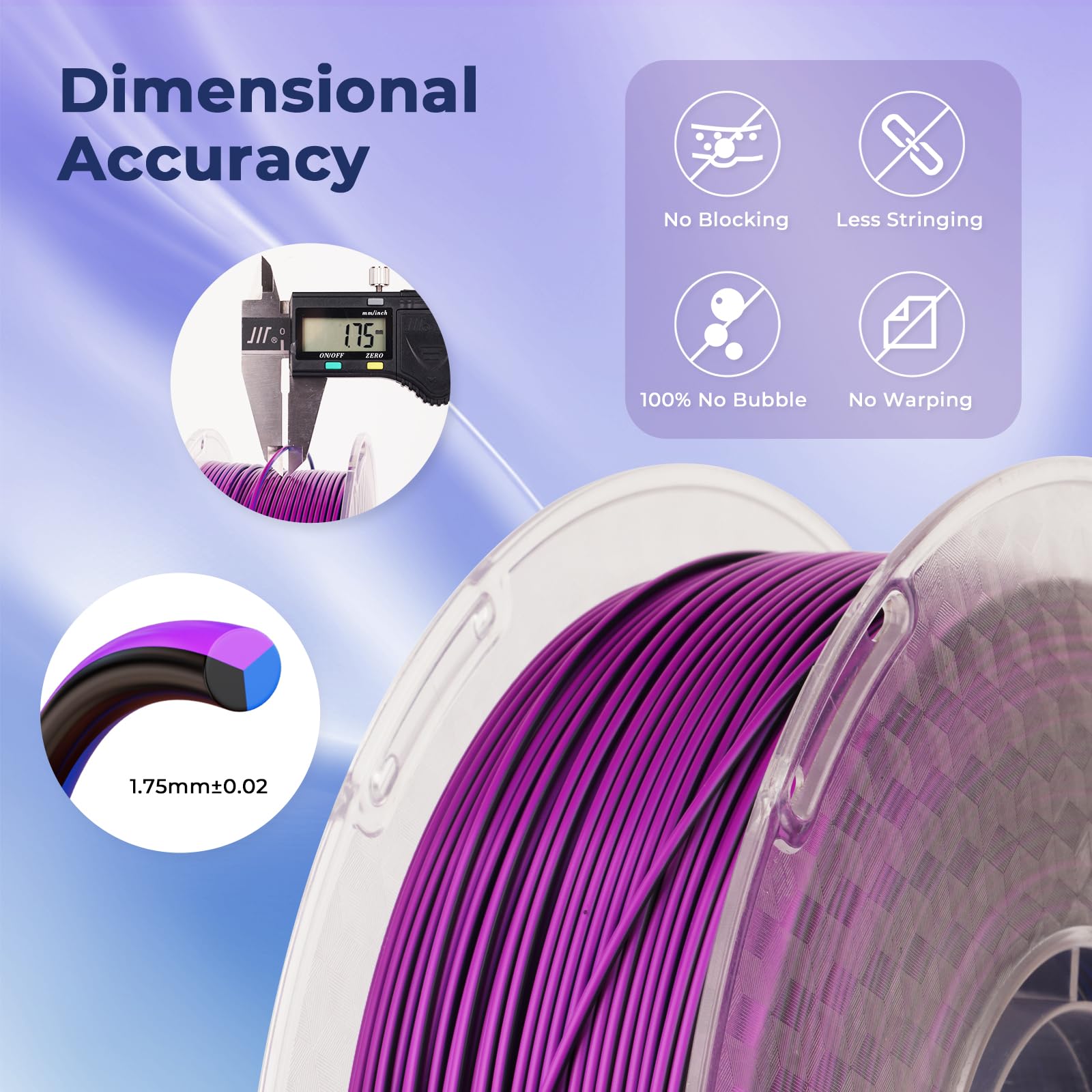 AMOLEN Filamento de impresora 3D, filamento PLA de seda de viaje de 1,75 mm, filamento de coextrusión de impresión 3D negro, azul y morado, 1 kg