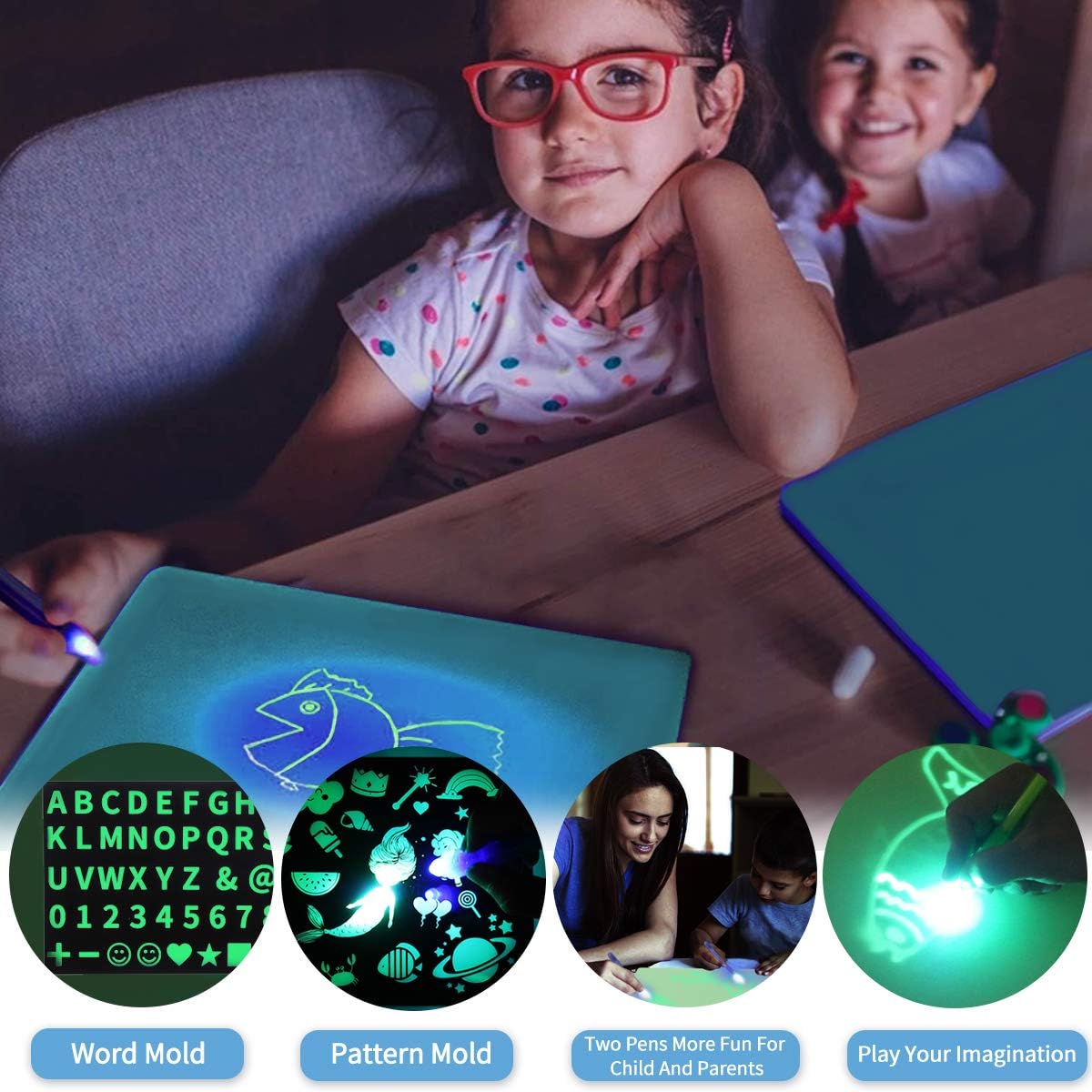 Kid Light Drawing Pad, Doodle Board Drawing Tablet Luminescent Board Glow in Dark Fluorescent Writing Tablet Developing Drawing Educational and Learning Toy Over 3 Years Old (Blue, A3)