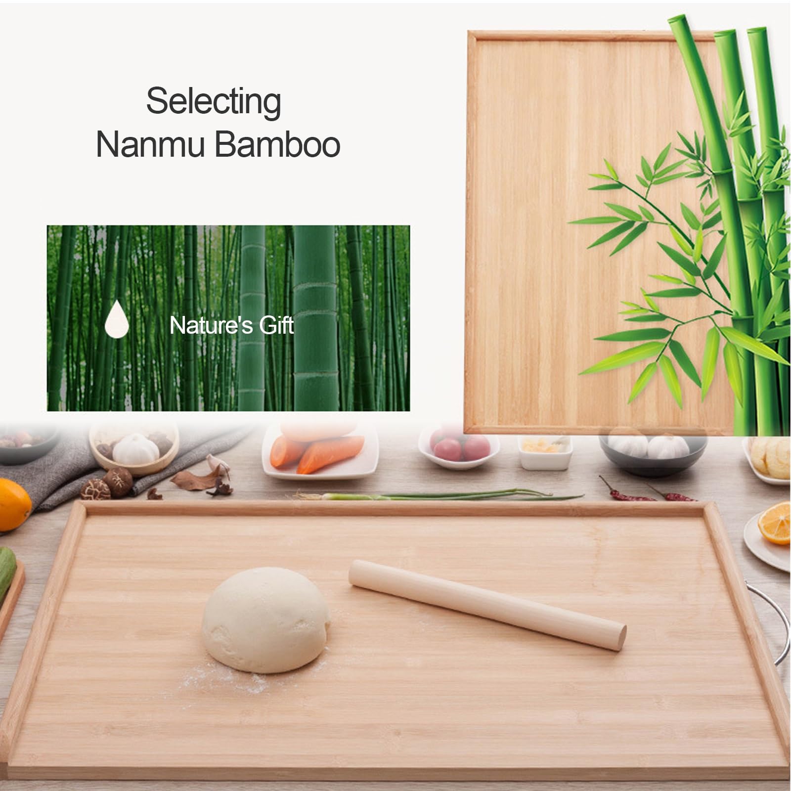 Tabla de cortar de bambú extragrande con bordes elevados para pastelería, pizza, carne, verduras y frutas, 50 x 80 cm, esencial para cocineros y cocineros caseros