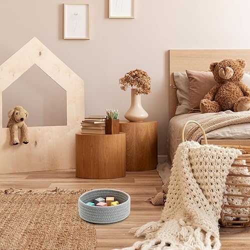 Miniatura 6 de Canastas pequeñas de almacenamiento de estantes para organizar, paquete de 6 cubos redondos de cuerda de algodón, cestas tejidas decorativas y