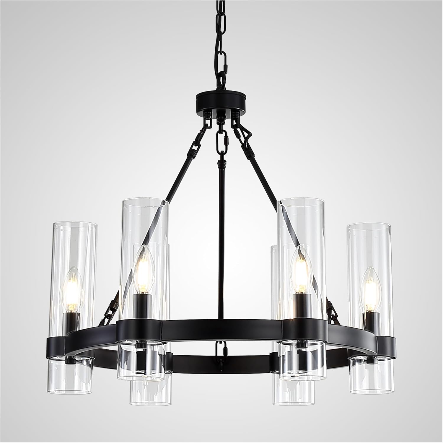 22-inch Black Wheel Pendant Light with Glass Shade, 6-lamp Modern Farmhouse Round high Chandelier, Suitable for Dining Room, Living Room, Kitchen and Foyer.