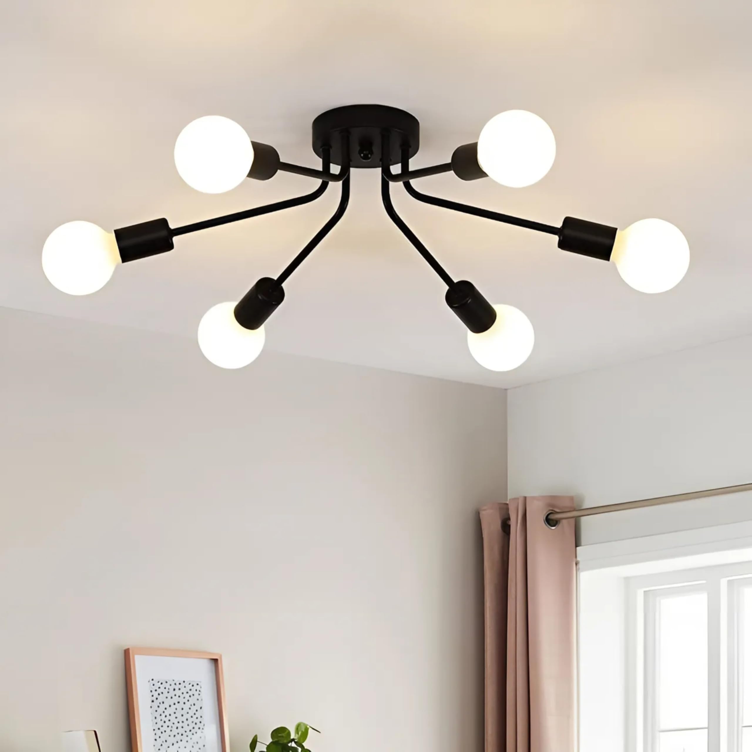 Modern Black Metal 6 Light Fan Shape Sputnik Chandelier Metal Ceiling Light Hanging Fixture Semi Flush Mount Chandelier for Living Room, Dining Room, Bedroom,Restaurant