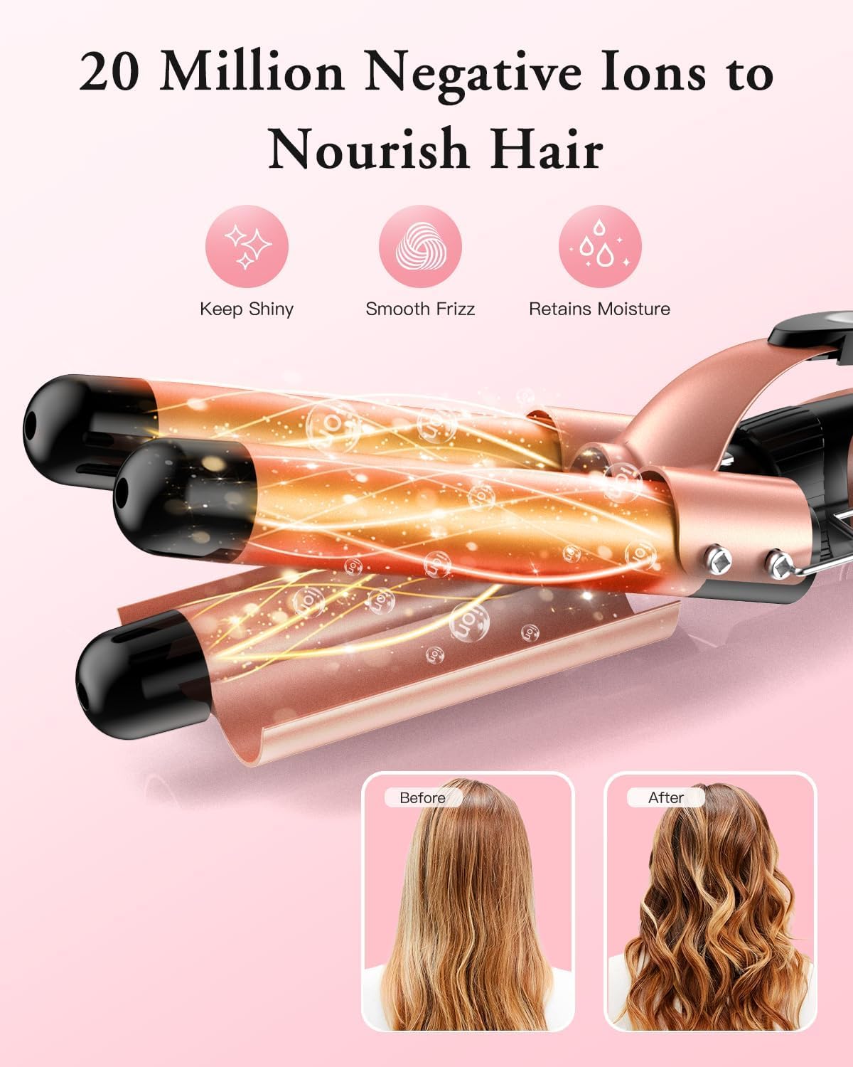 BESTOPE PRO Rizador de Pelo 5 en 1 con 3 Barriles Intercambiables – Ondas Grandes, Calentamiento Rápido, Ajuste de Temperatura, Tecnología Iónica, Guante Térmico y 2 Pinzas – Oro Rosa