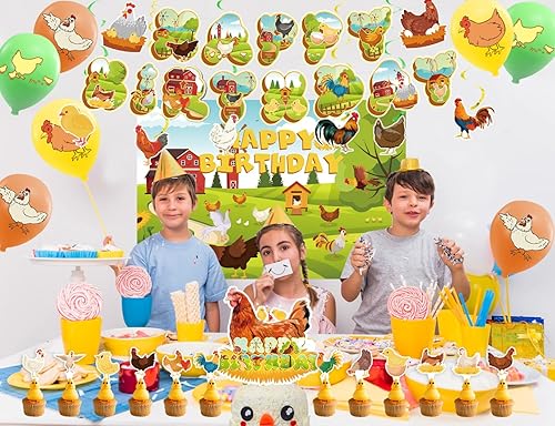 Miniatura 7 de Juego de decoraciones de fiesta de cumpleaños de pollo pancarta, telón de fondo, espirales, adornos para cupcakes de pasteles, globos para baby