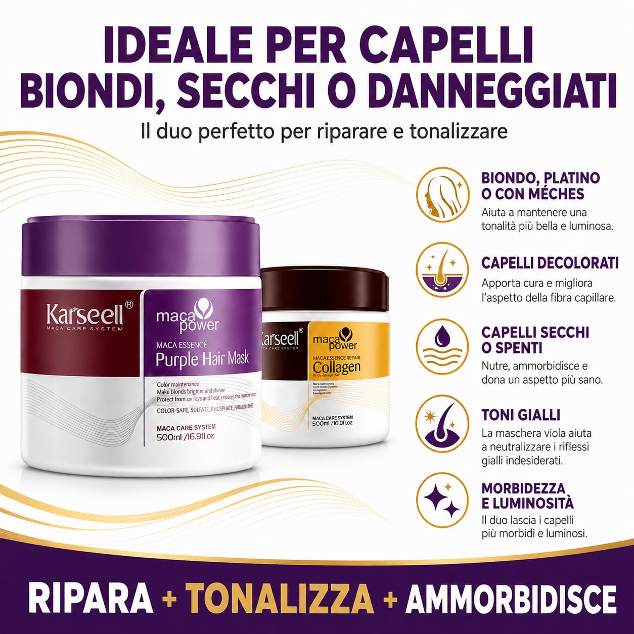 Karseell MACA CARE SYSTEM Set Maschera Capillare Collagene Idratante Nutriente + Maschera Viola Antigiallo Tonalizzante Capelli Secchi Danneggiati Biondi Grigi Bianchi Tinti Senza Solfati 2 x 500ml