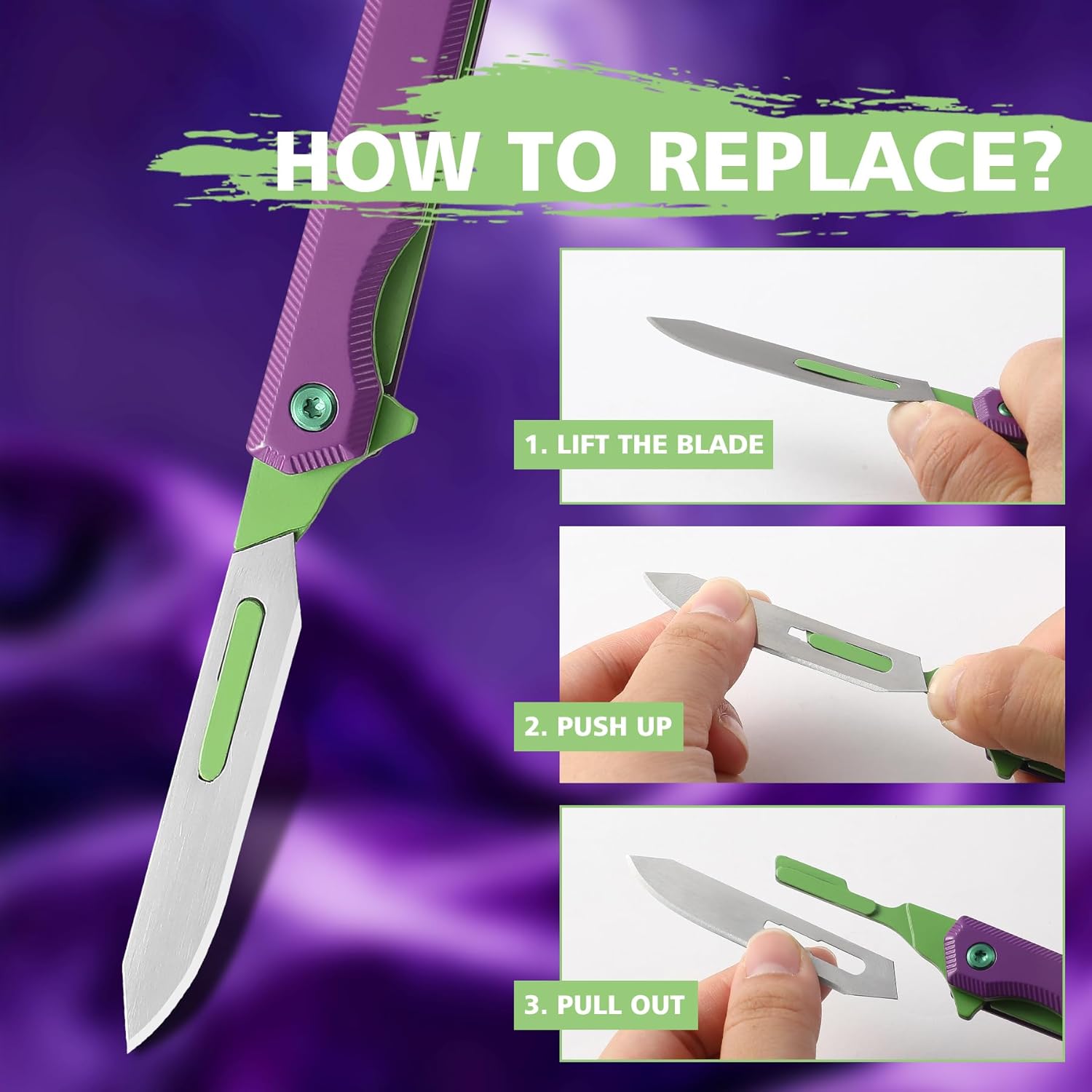 Folding Scalpel Knife,Mini Slim Pocket Knife with 10pcs #60 Scalpels Replaceable Blades,EDC Utility Knife with Liner Lock,Pocket Clip，Ideal Gifts for Men and Women（Purple & Green）