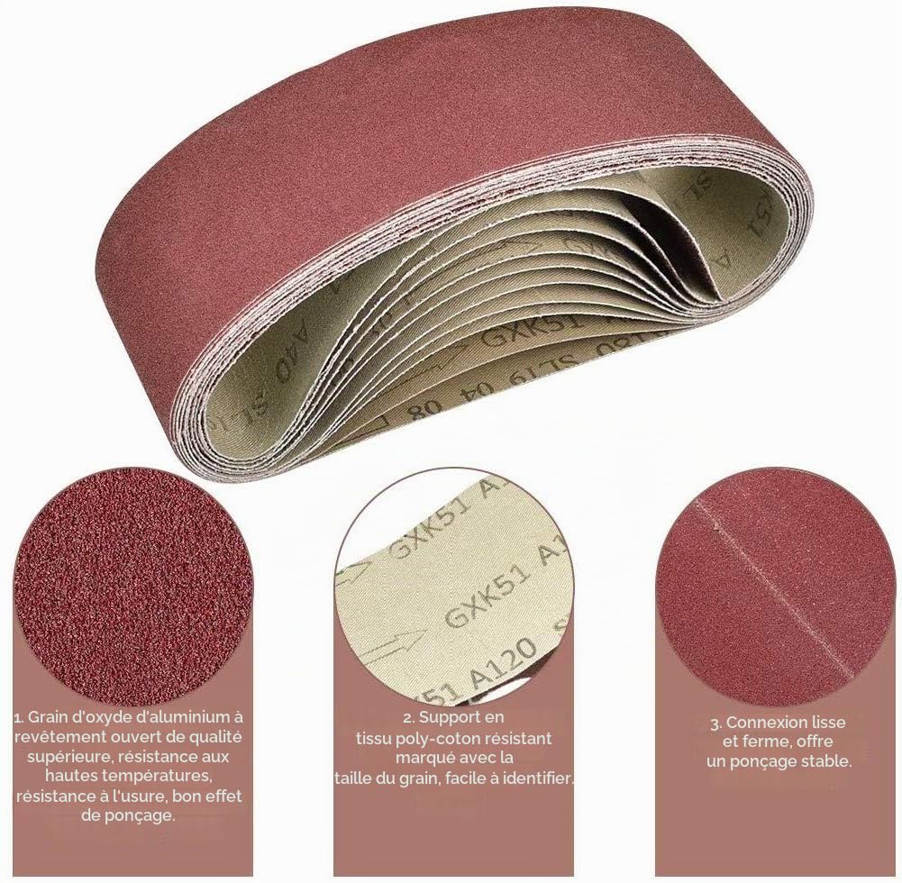 KAHEIGN 30 Pièces Bande De Ponçage, 75 x 533mm Tissu En Tissu Bande De Ponçage 40/60/80/120/180/240 Grains Oxyde D'aluminium Papier De Verre Ceintures Power File Pour Ponceuses à Bande Bosch
